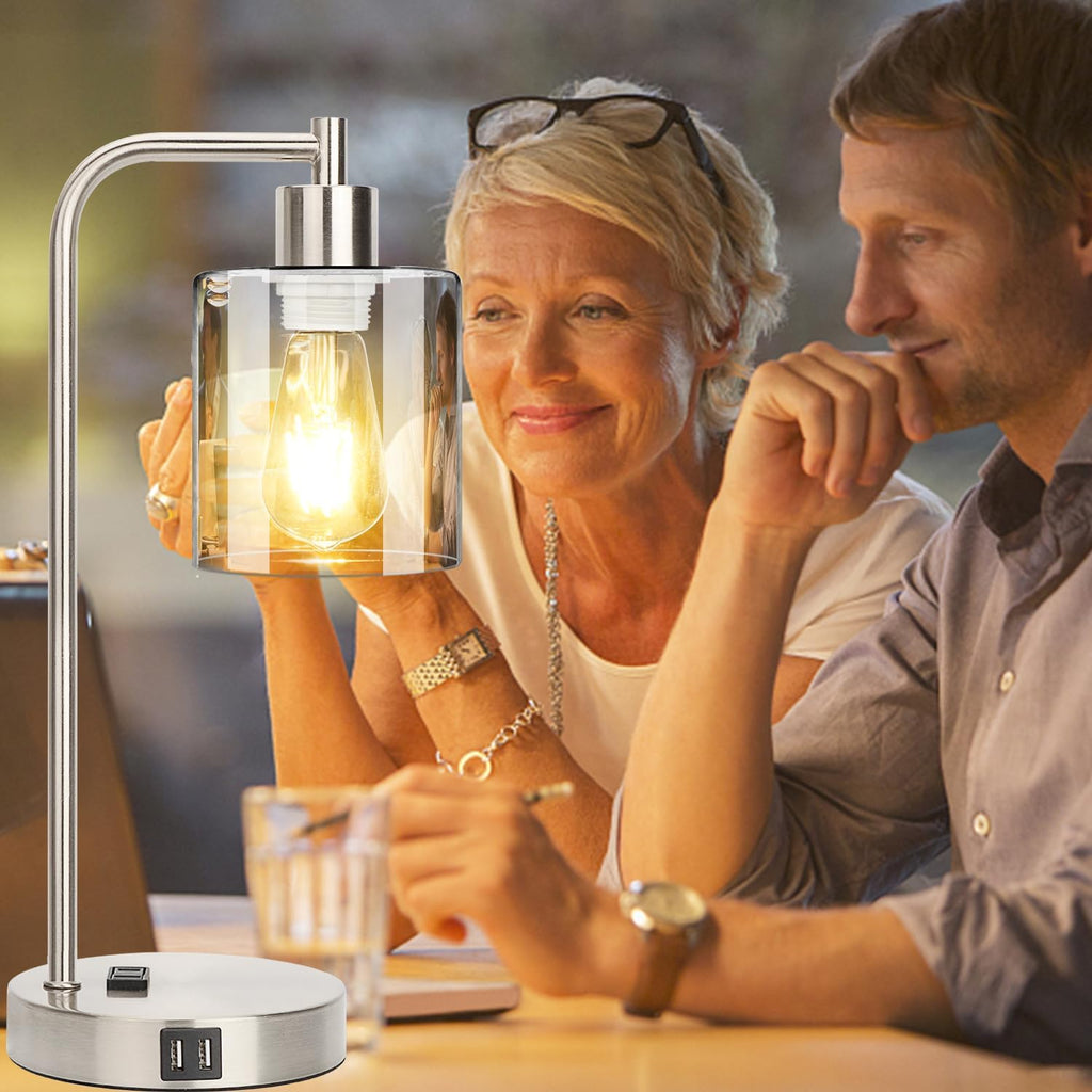 Industrial Touch Control Table Lamps Set of 2 - Brushed Nickel Nightstand Bedside Lamps with 2 USB Ports & AC Outlet, 3-Way Dimmable Desk…