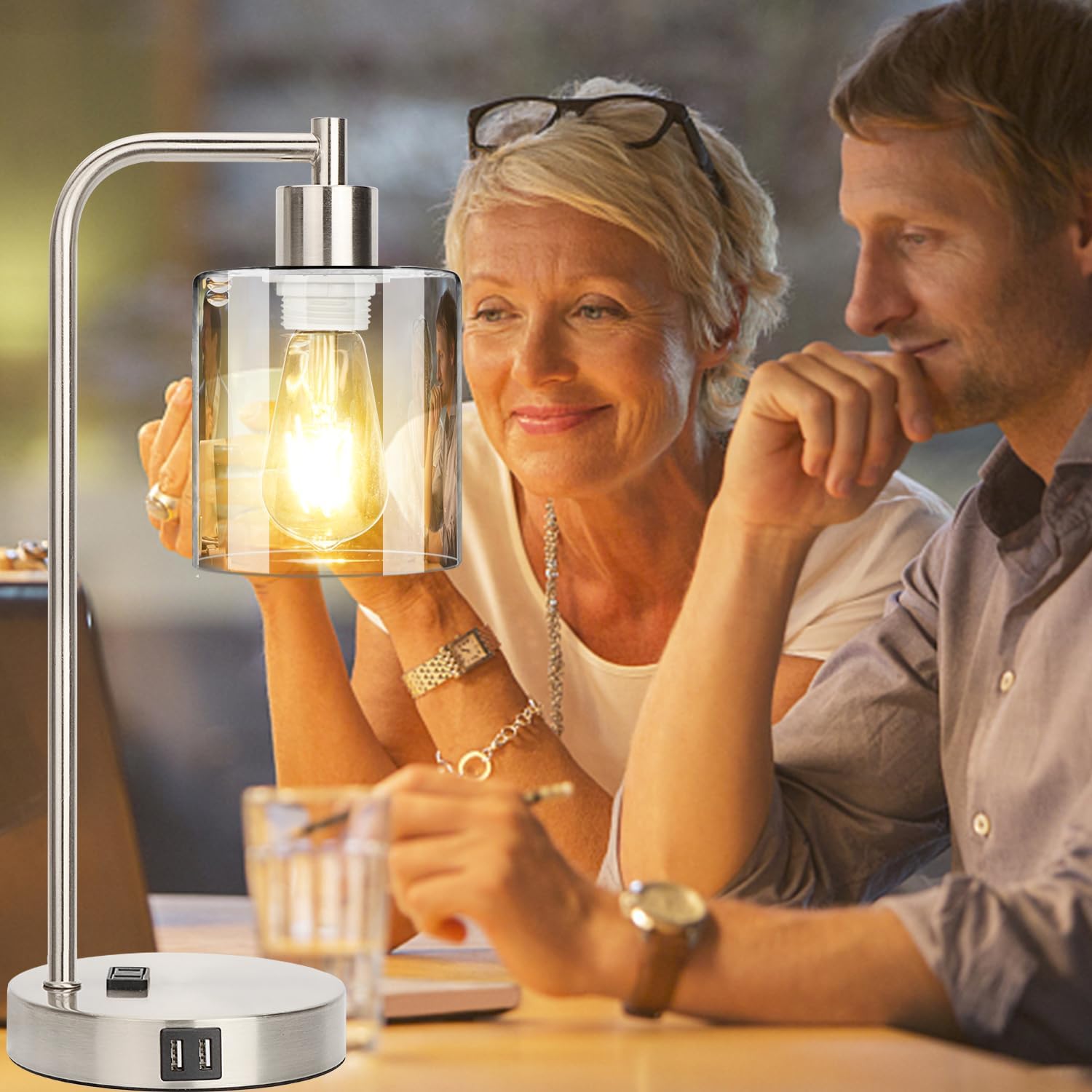 Industrial Touch Control Table Lamps Set of 2 - Brushed Nickel Nightstand Bedside Lamps with 2 USB Ports & AC Outlet, 3-Way Dimmable Desk…