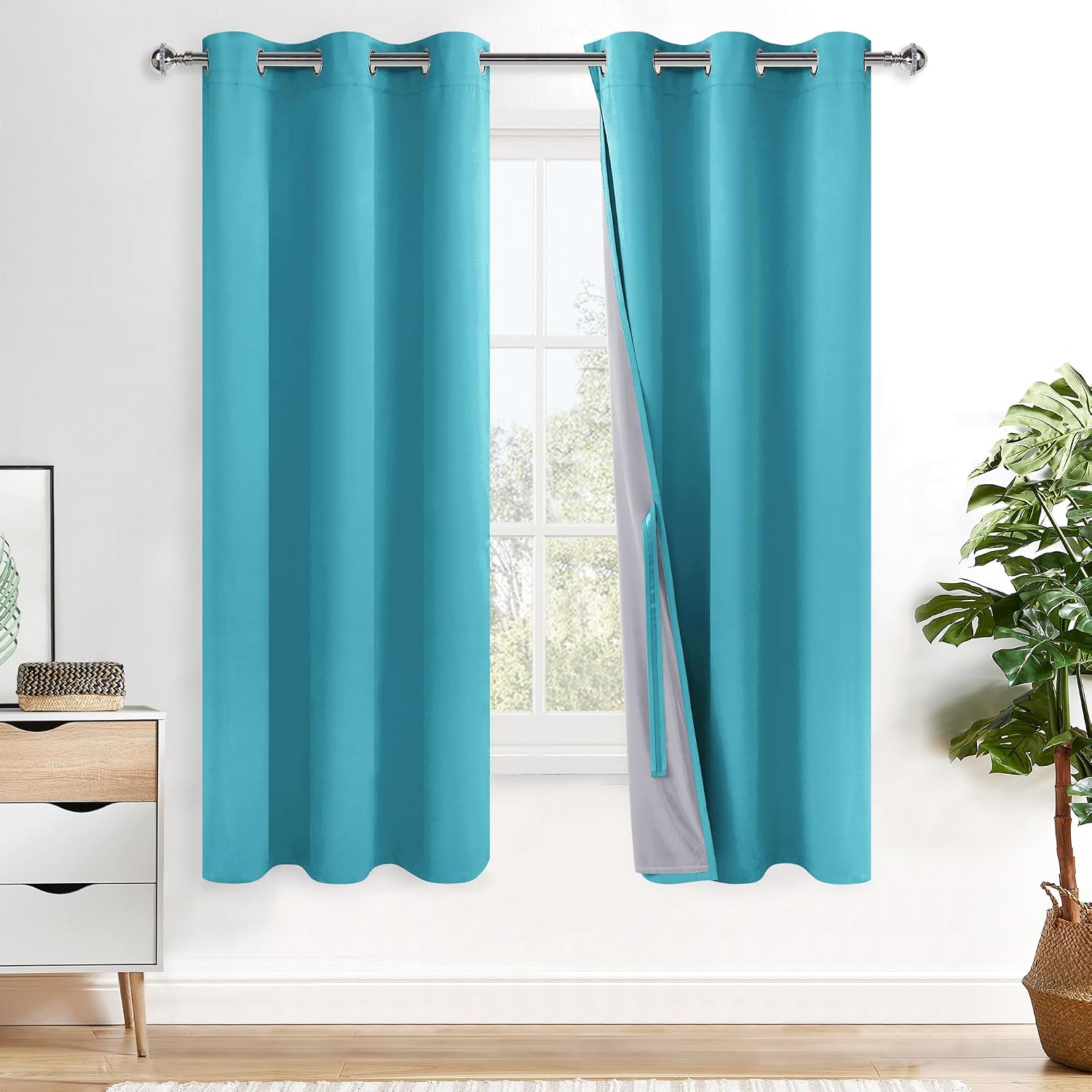 Xwzo Total Blackout Curtains 63 Inches Long - Double Layer Full Room Darkening & Energy Efficiency Grommet Window Panels with Tiebacks, Tur…