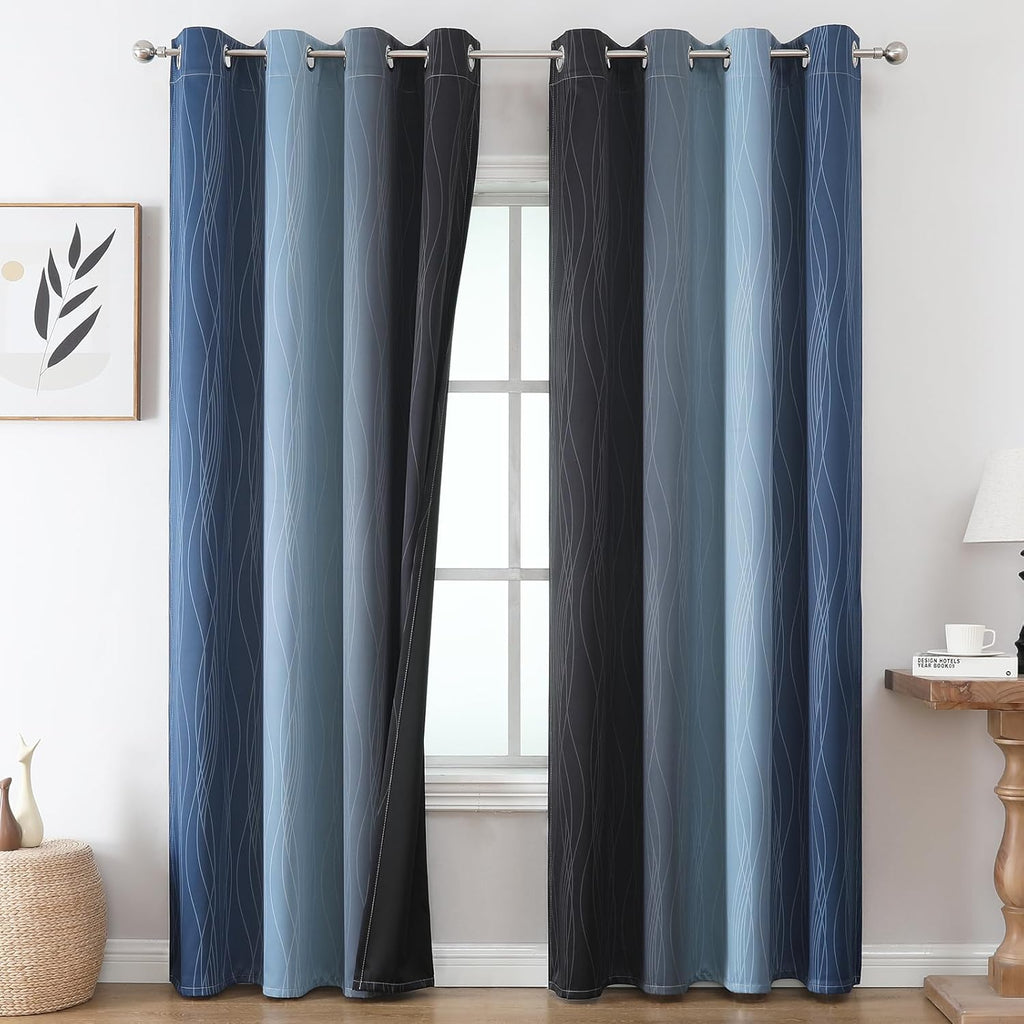 Estelartextiler Estelar Textiler Navy Blue and Black Ombre Blackout Curtains 90 Inches Long 2 Panels for Living Room, Thermal Insulated Dra…