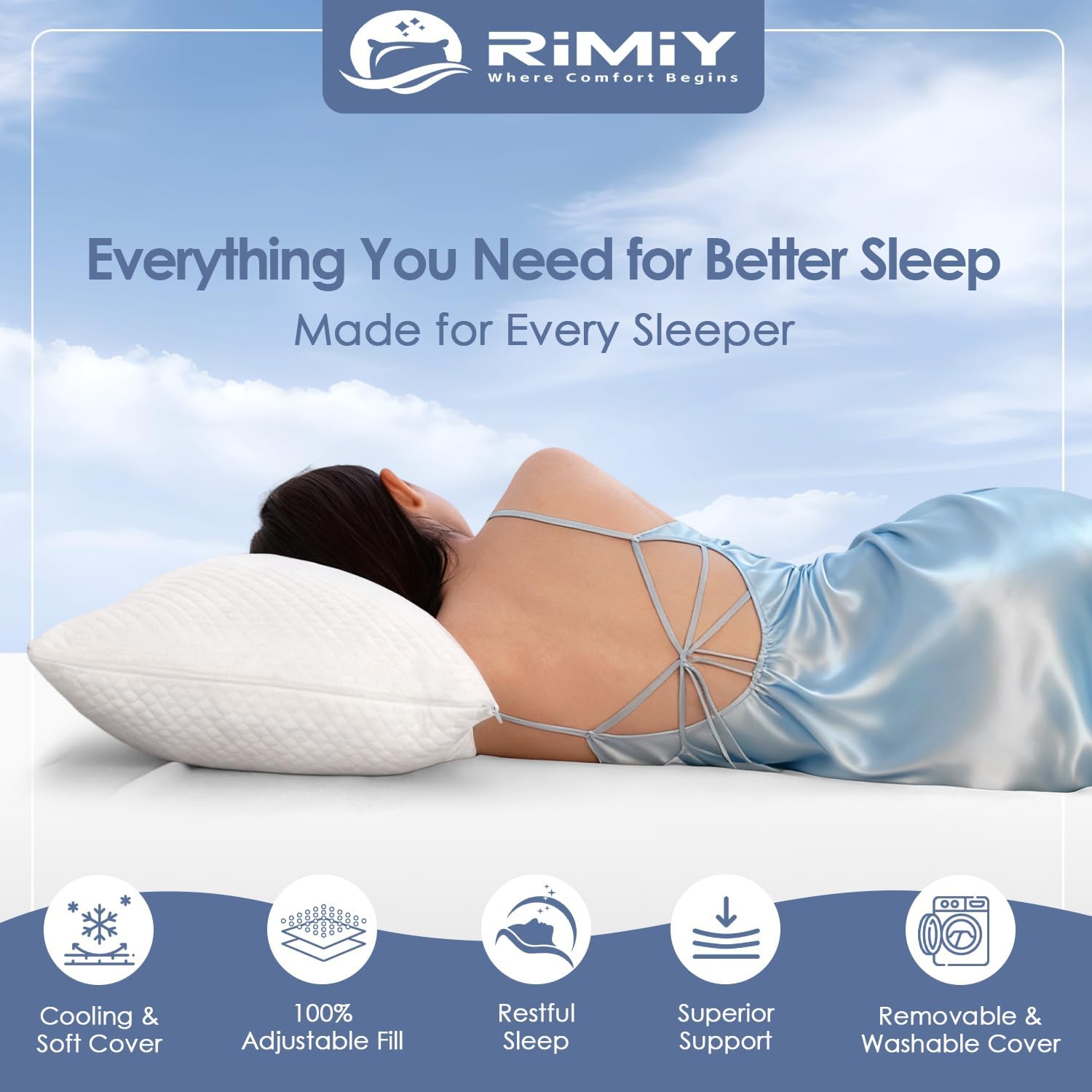 Cooling Adjustable Memory Foam Pillows Queen Size Set of 2, Bamboo Firm Pillow w/Washable Zippered Cover, Luxury Bed Pillow for Side…