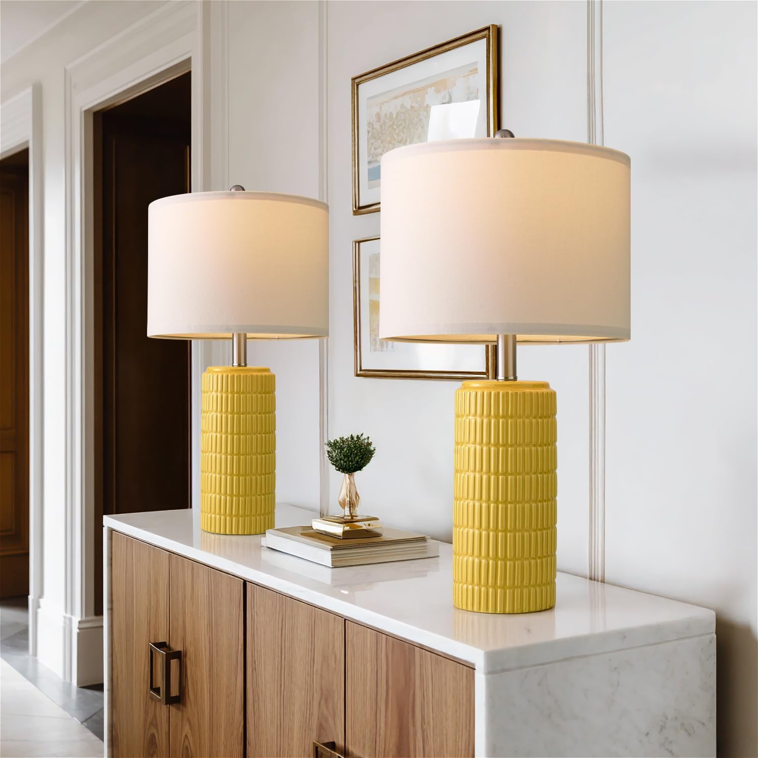 PoKat 23" Yellow Table Lamps Set of 2, Modern Living Room End Table Lamps Decor, Ceramic Lamps for Living Room, Contemporary Nightstand…