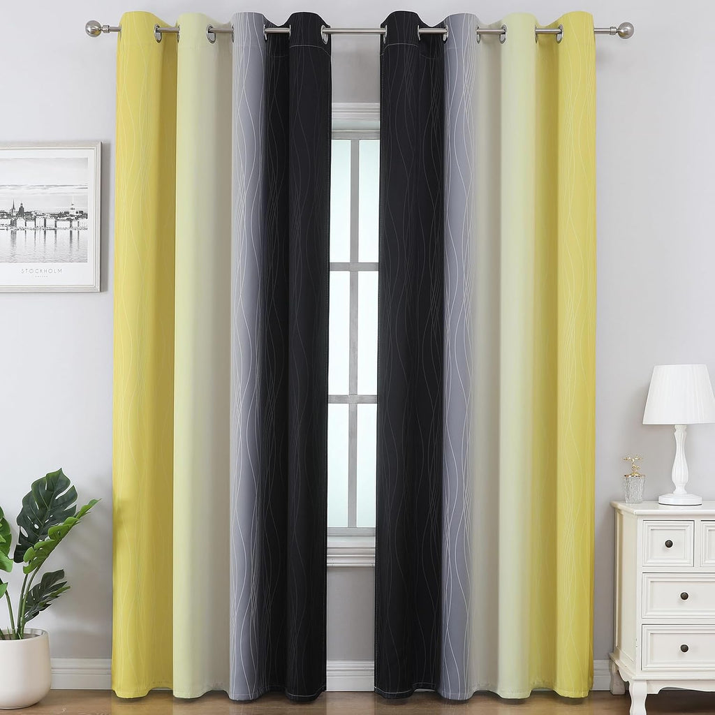 Estelartextiler Estelar Textiler Yellow and Black Ombre Blackout Curtains 102 Inch Long, Thermal Insulated Grommet Drapes for Bedroom, Full…