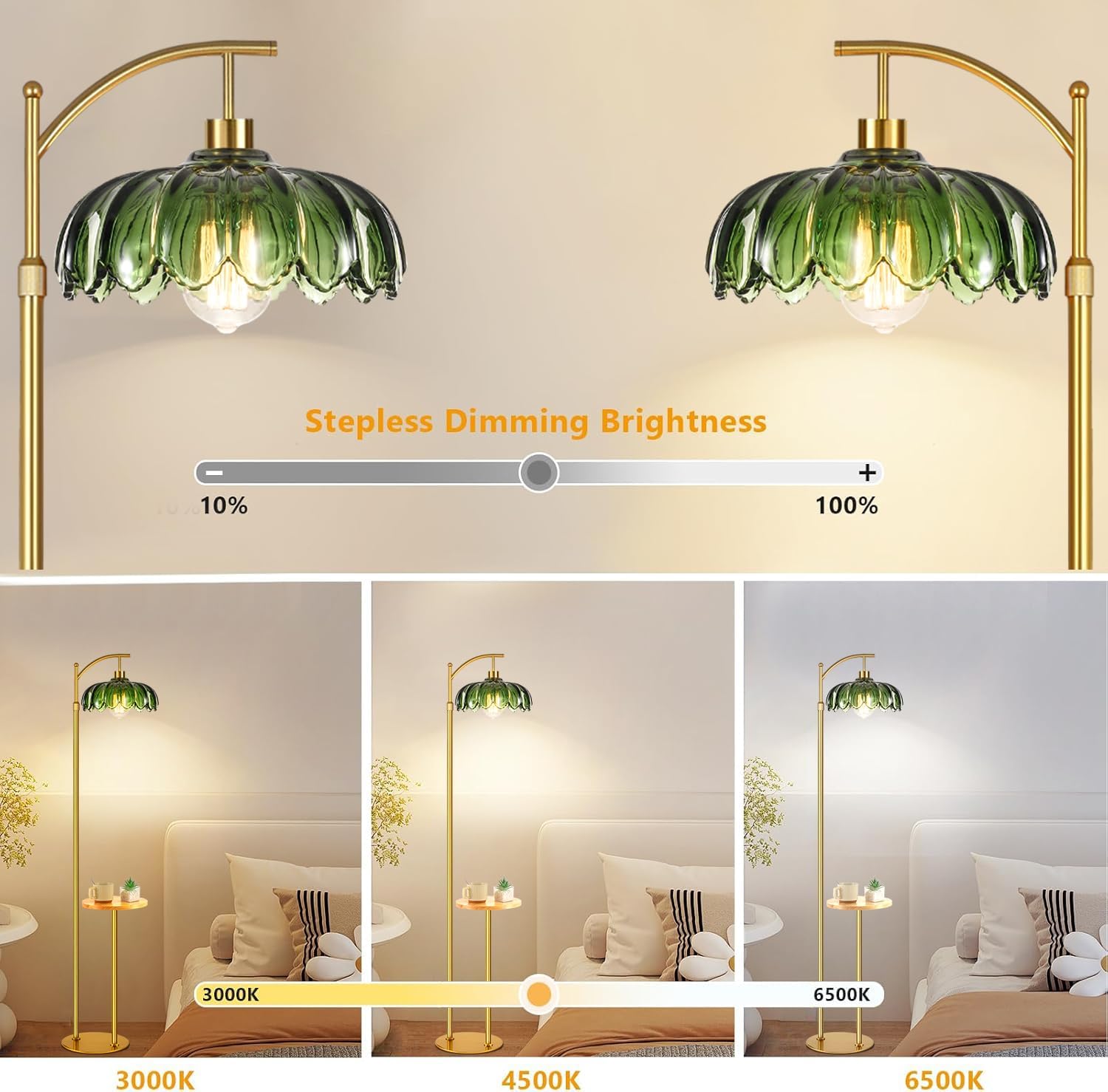 QIYIZM Glass Floor Lamp with Table and Shelves for Living Room Bedroom, Gold Standing Lamp with Remote Dimmable, Boho Brass Tall Lamp…