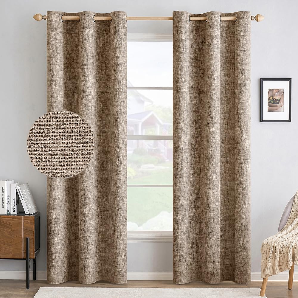 Miulee 100% Blackout Linen Textured Curtains for Bedroom Solid Thermal Insulated Copper Brown Grommet Room Darkening Curtains & Drapes Luxu…