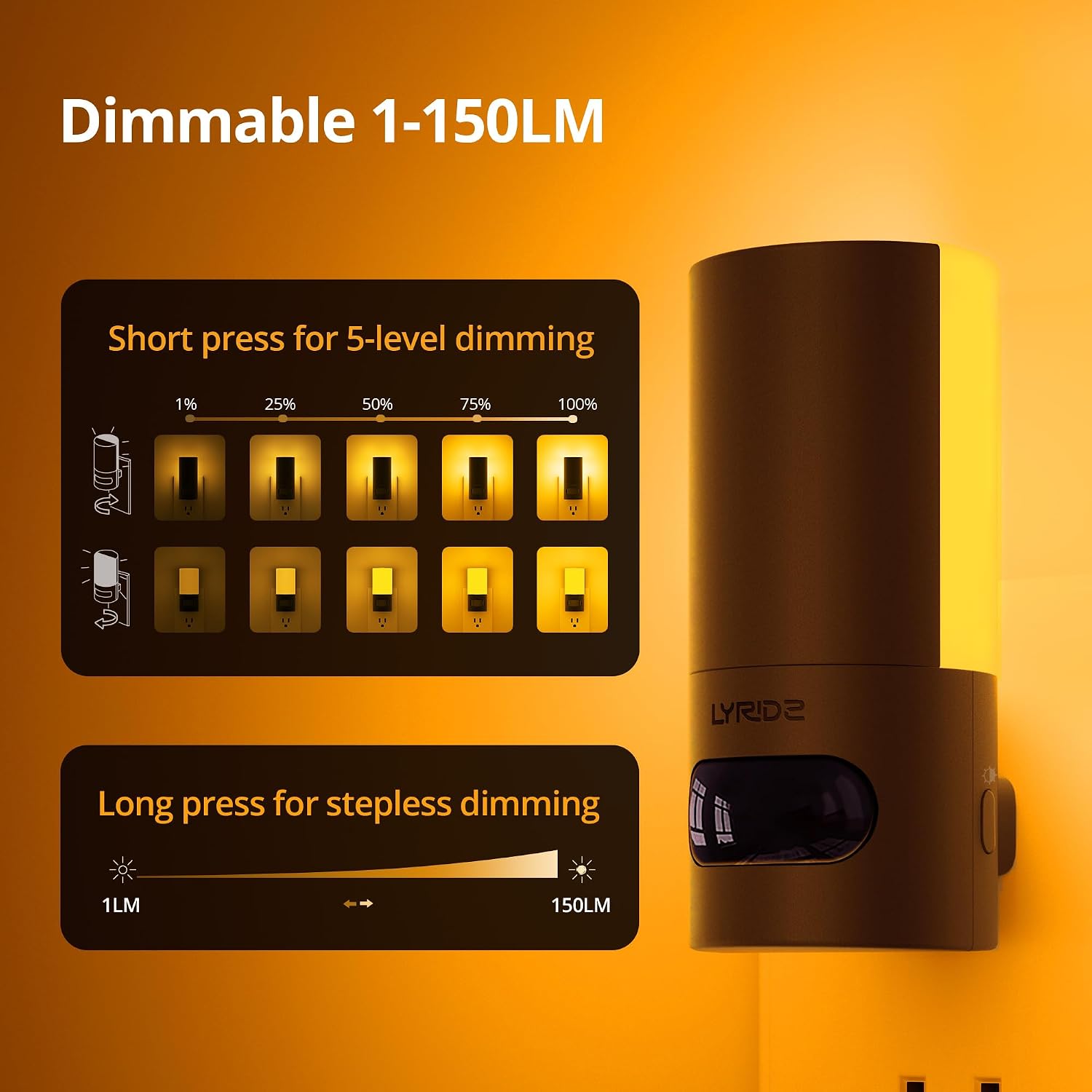 Lyridz Plug-in LED Amber Night Light with Motion Sensor, Rotatable, Dimmable Backlit Nightlight, 1-150lm Adjustable Brightness for…