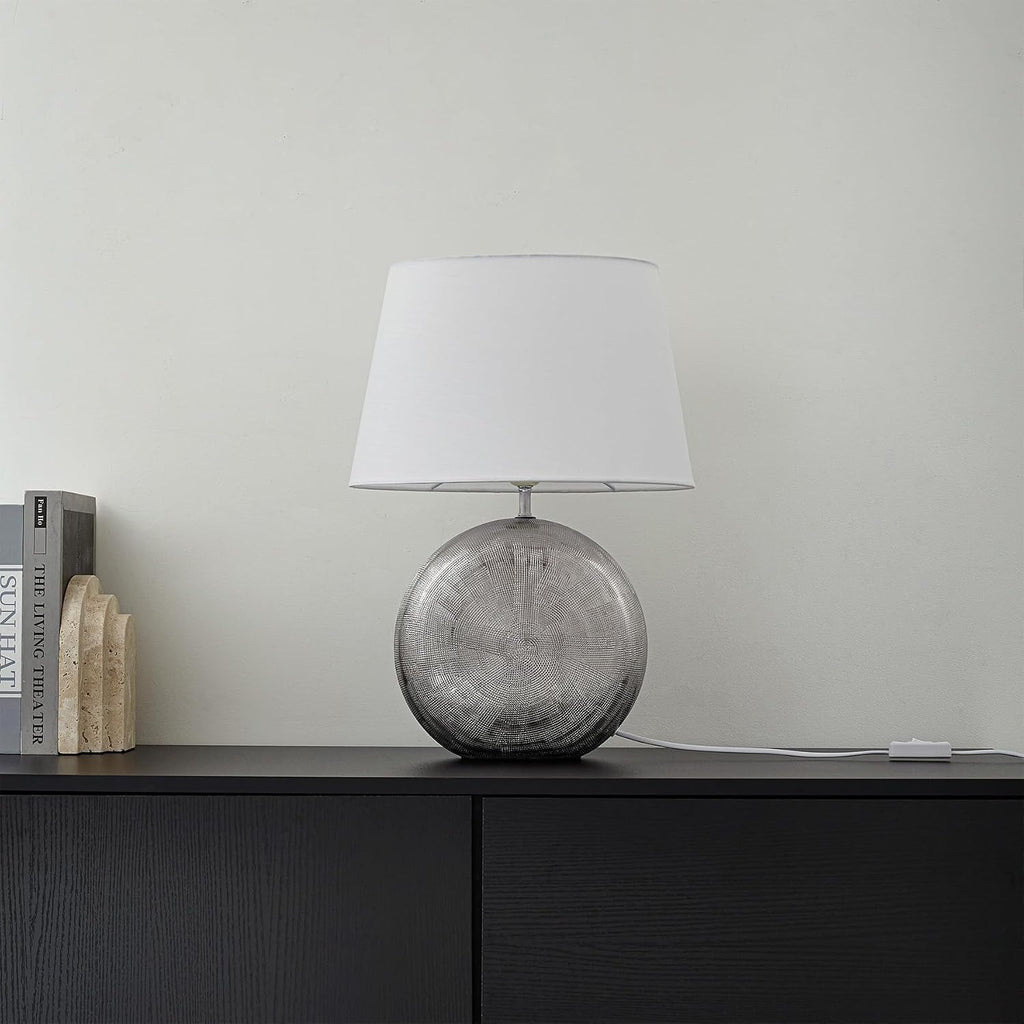 19" Modern Ceramic Table Lamp, Silver Jar-Style Base with White Fabric Shade, Elegant Bedside Lamp for Nightstand or Living Room, E26…