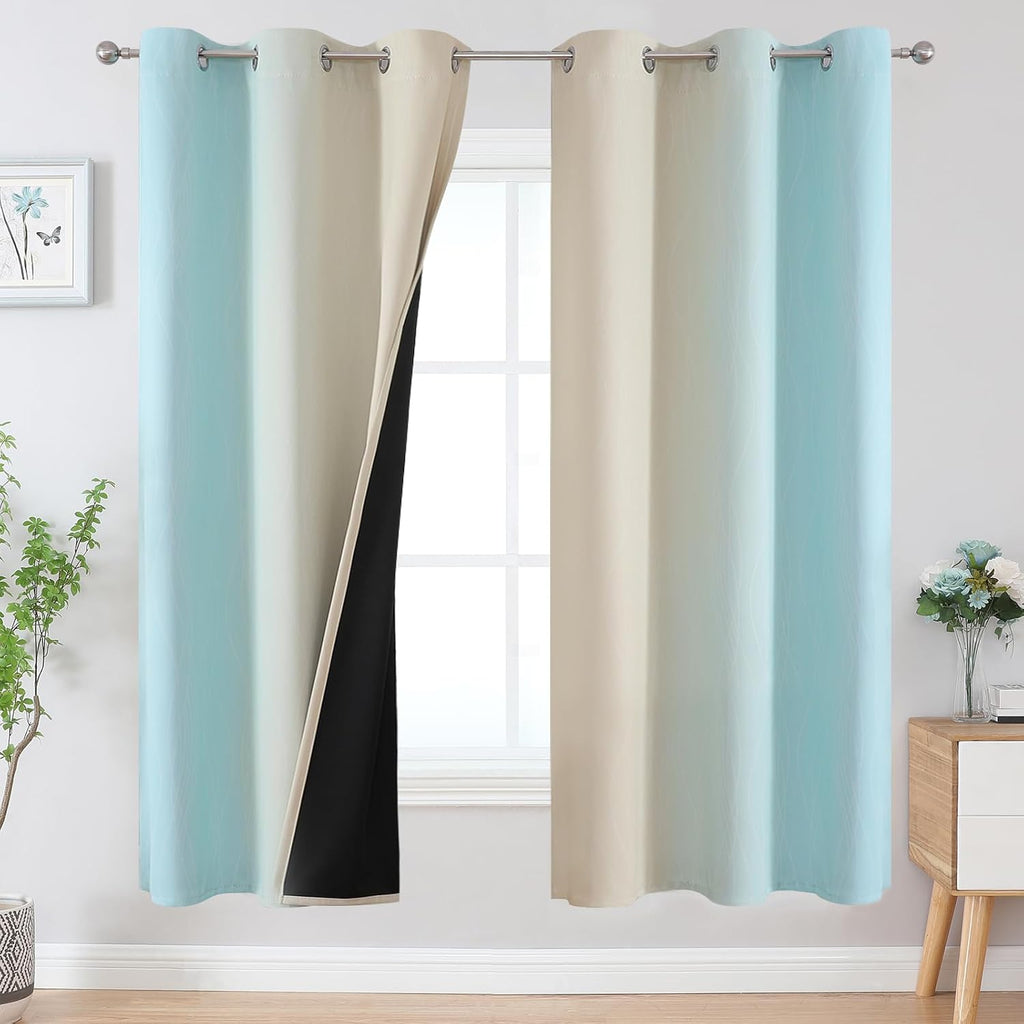 Estelartextiler Estelar Textiler Aqua and Beige Ombre Blackout Curtains 72 Inches Length for Bedroom, Thermal Insulated Light Blocking Grom…