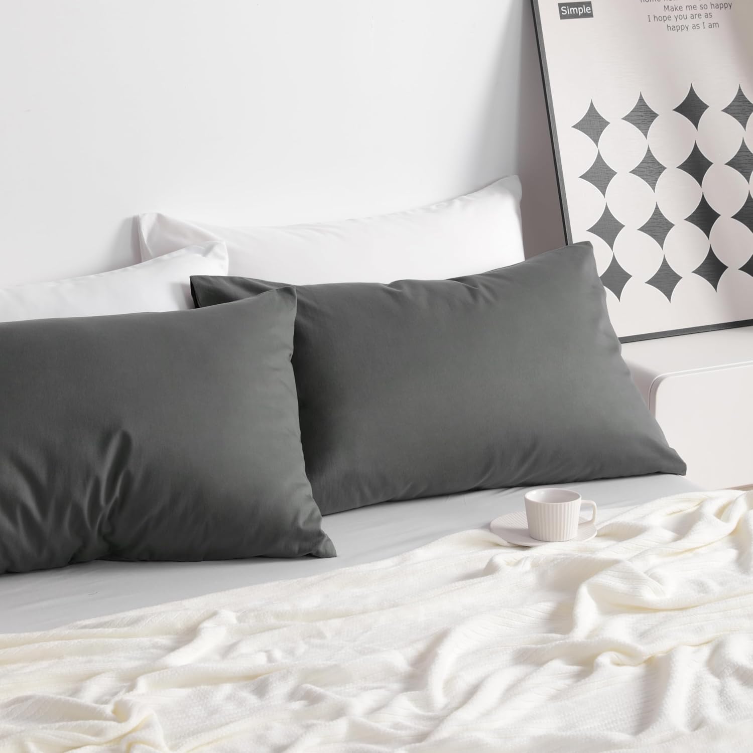 Ntbay King Cotton Pillowcases - Envelope Closure 20x36 Pillowcases Set of 2, Breathable and Soft Bed Pillow Cases, Dark Grey Cotton Grey