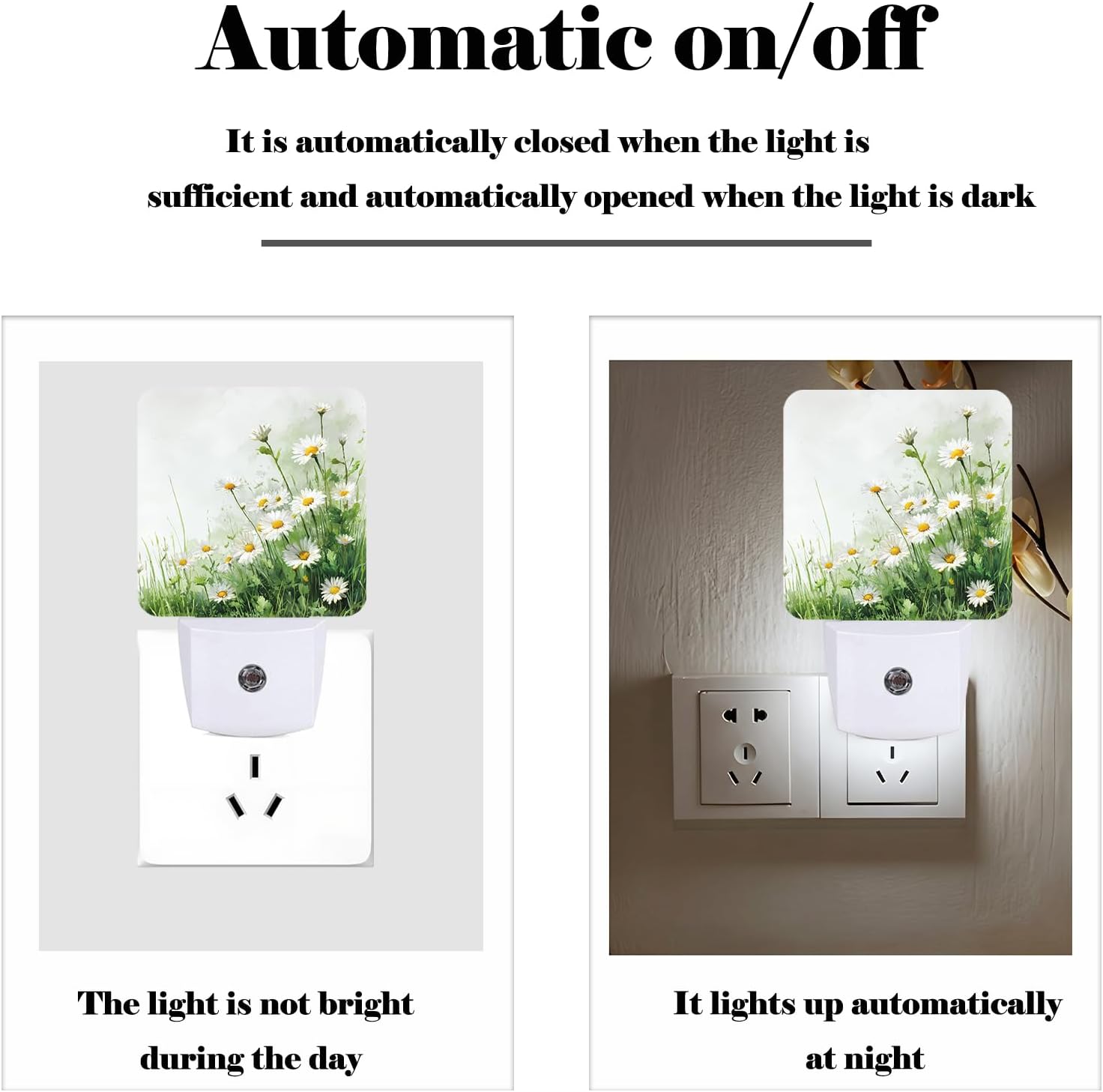 Flowers Night Light, Daisies Watercolor Plug Into Wall for Boys Girls Bedroom Decorative Square Night Light Lamp 0.5w Sleep Friendly