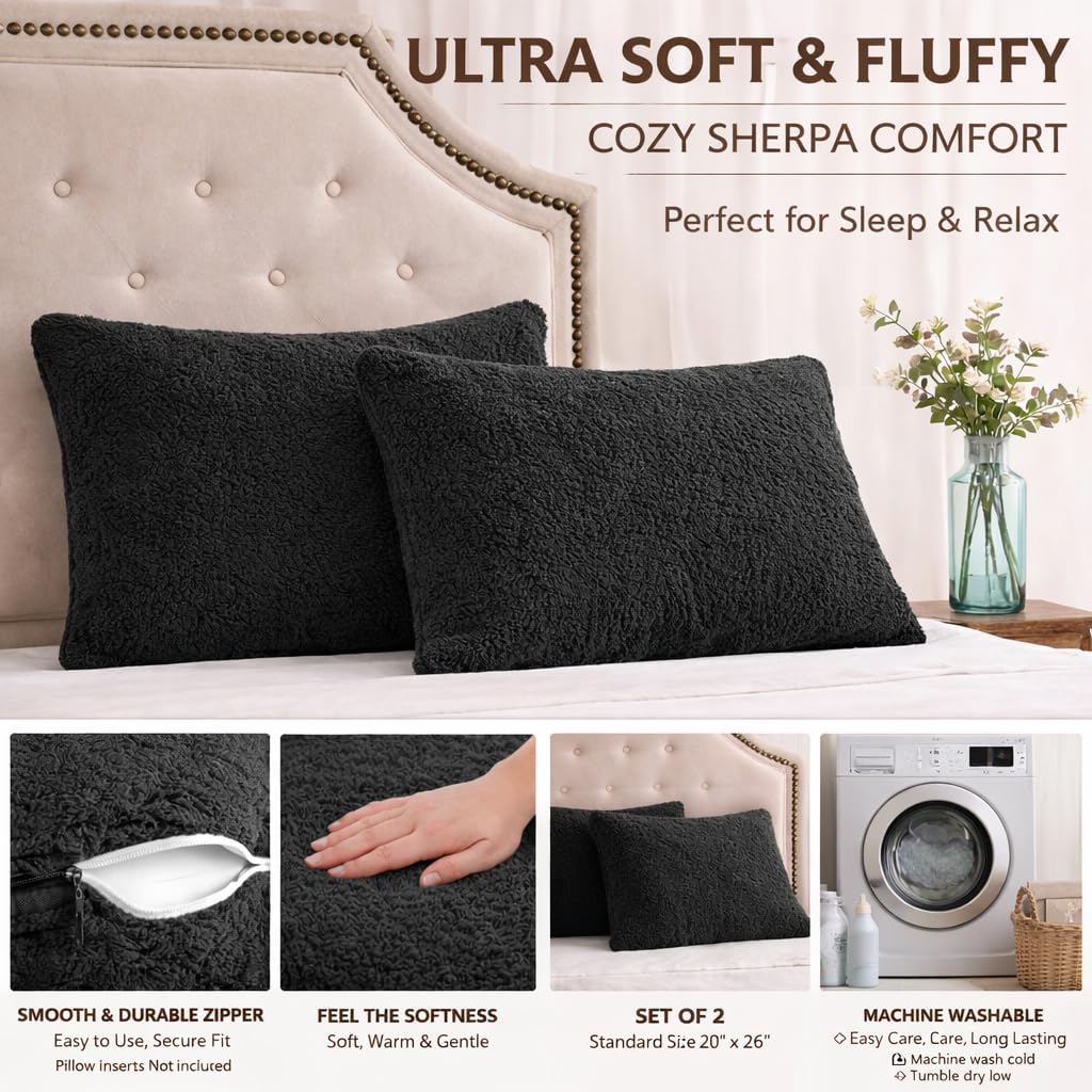 Reafort Ultra Soft Sherpa Pillowcases Set of 2 – Fluffy Cozy Fleece Standard 20" x 26", Warm Plush Covers with Smooth Zipper, Machine Washa…