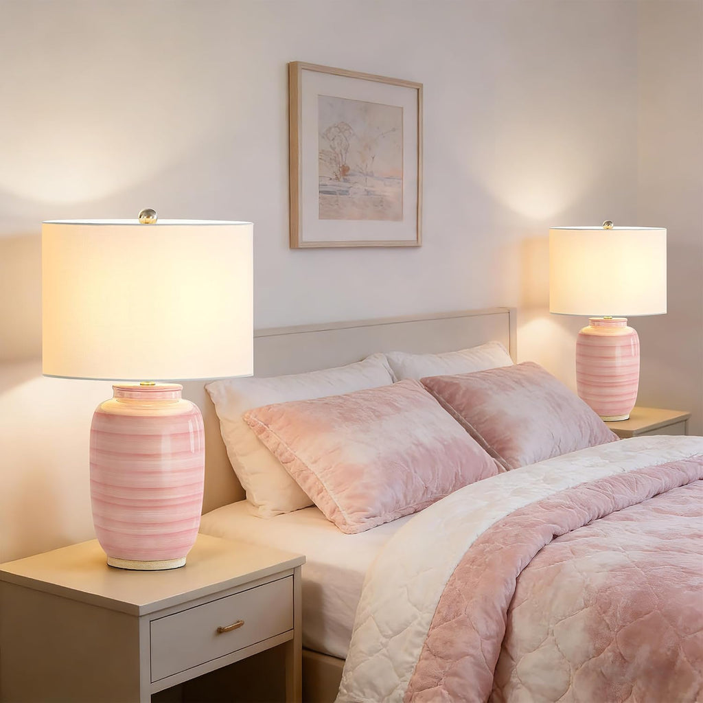 Maxax 25" Pink Ceramic Table Lamp for Living Room, Modern Ceramic Bedside Lamp for Bedroom, End Table Lamp with White Farice for…