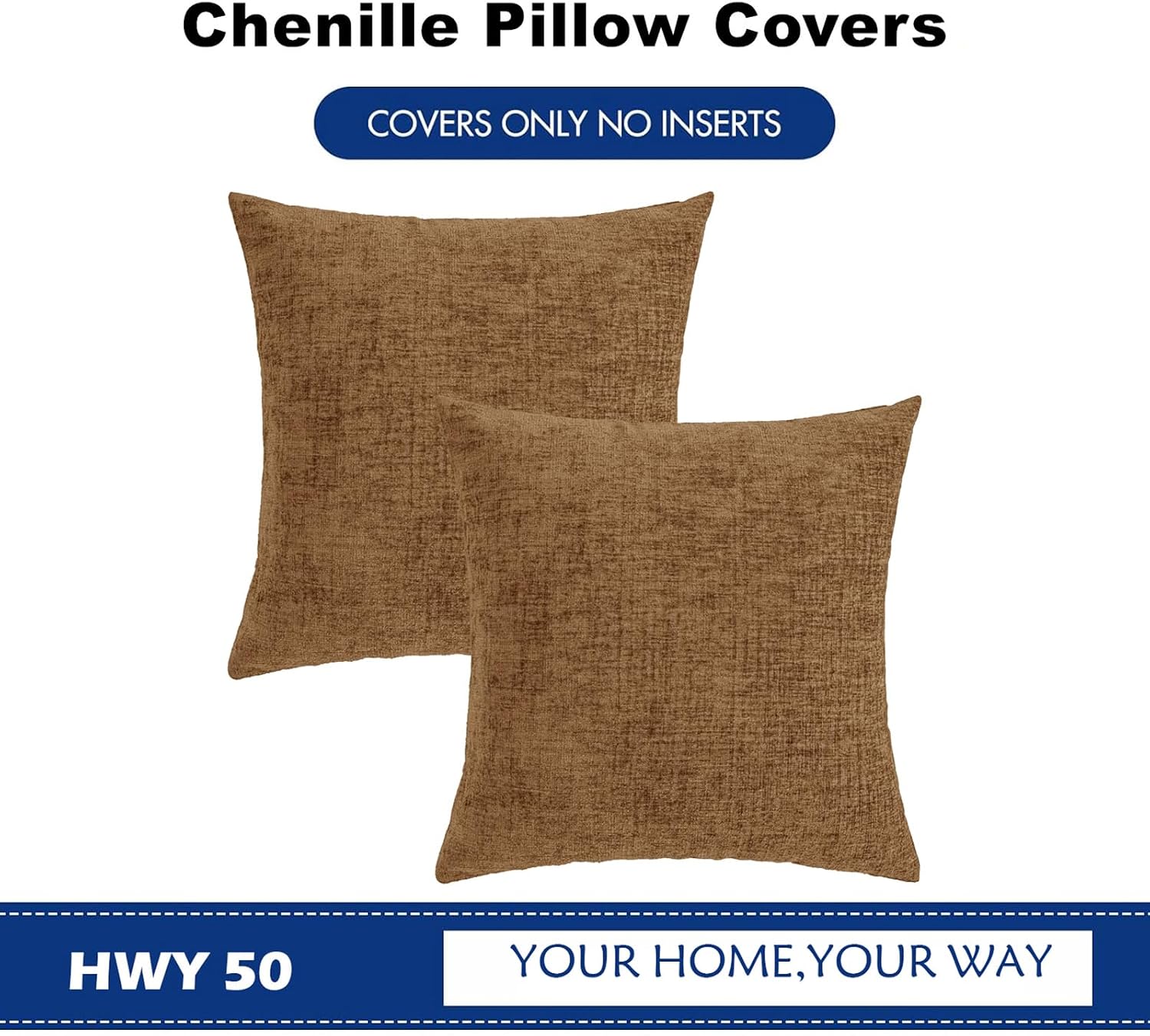 Hwy50 HWY 50 Brown Couch Pillow Covers 18x18 Inch Pack of 2, Soft Chenille Decorative Throw Pillow Cases Farmhouse for Sofa Living Room Bed…