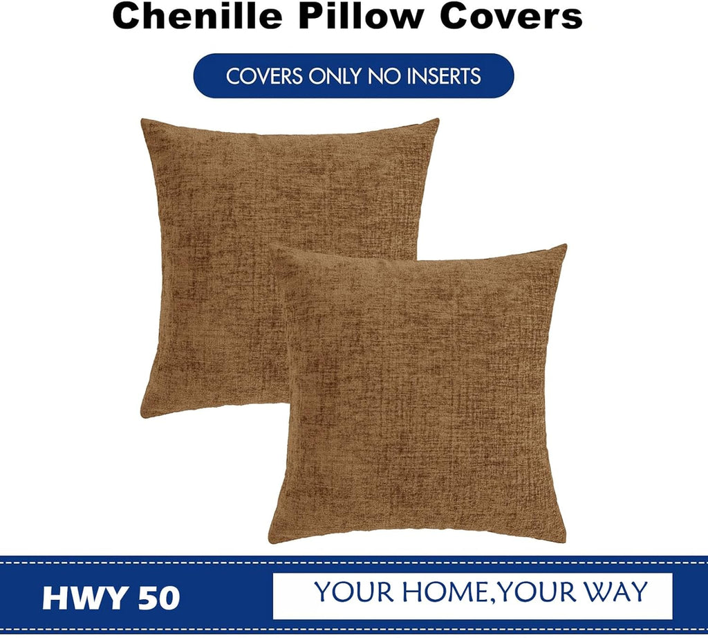 Hwy50 HWY 50 Brown Couch Pillow Covers 16x16 Inch Pack of 2, Soft Chenille Decorative Throw Pillow Cases Farmhouse for Sofa Living Room Bed…