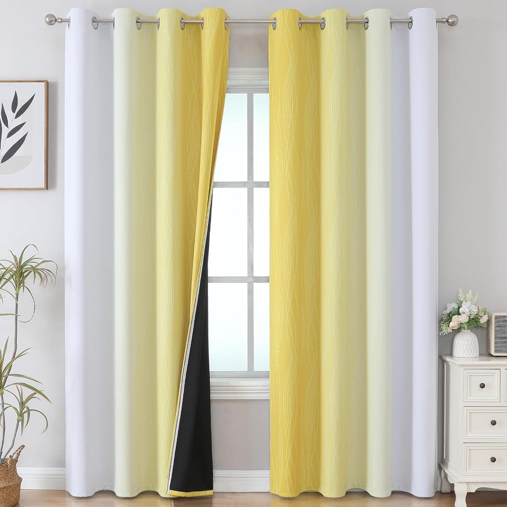 Estelartextiler Estelar Textiler Yellow and Grayish White Blackout Curtains 108 Inches Long, Thermal Insulated Drapes for Bedroom, Full Lig…