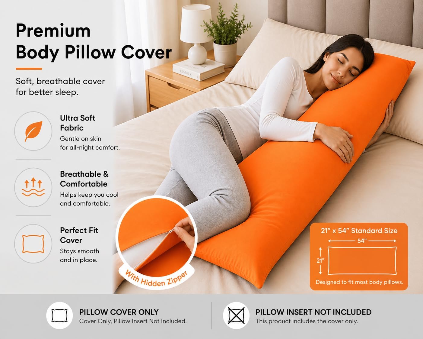 Evolive Ultra Soft Microfiber Body Pillow Cover/Pillowcases 21"x54" with Hidden Zipper Closure (21"x54" Body Pillow Cover, Orange)