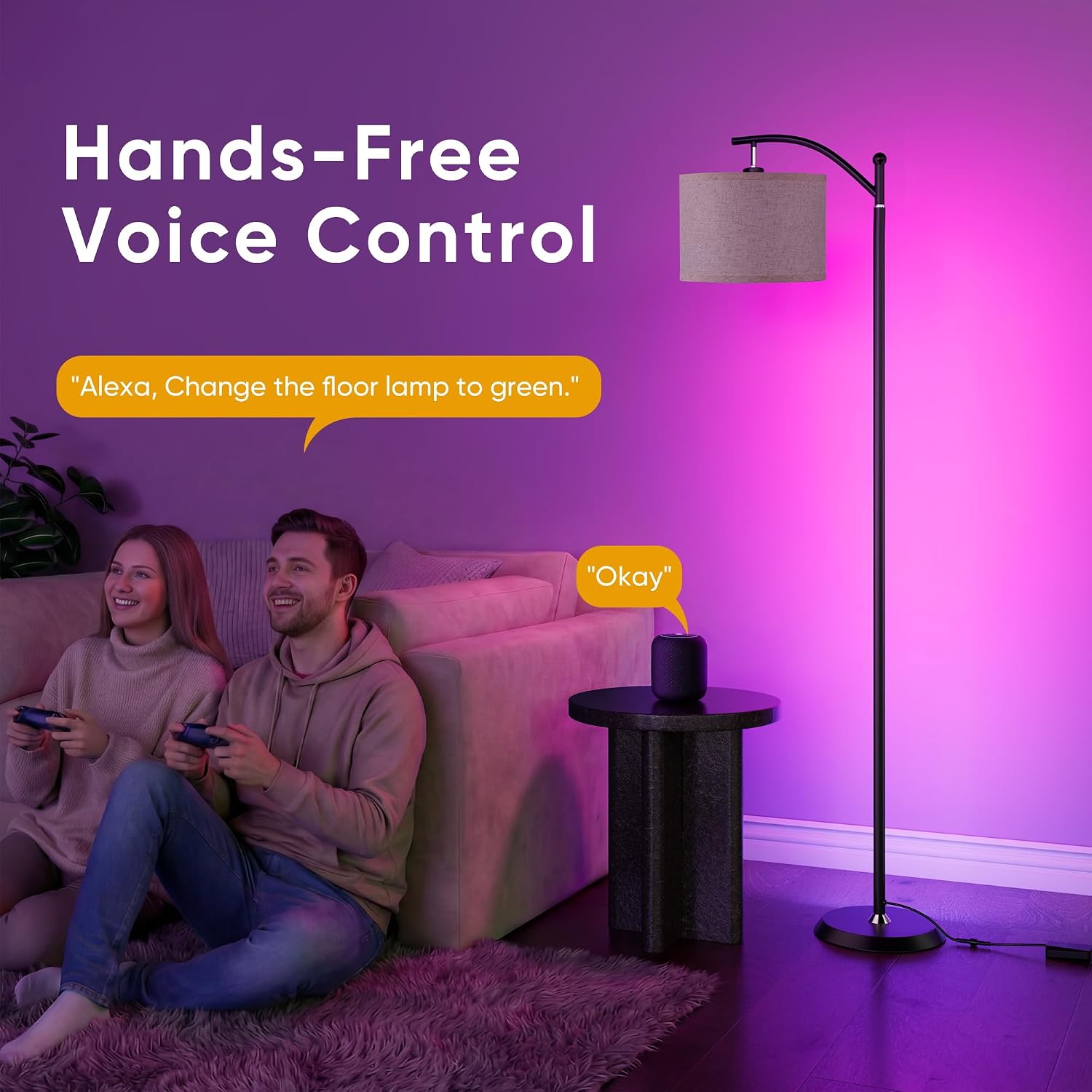 Smart LED RGBCW Corner Lamp with Linen Lampshade Compatible with Alexa, Color Changing Standing Lamp with 16 Million DIY Colors, Music…