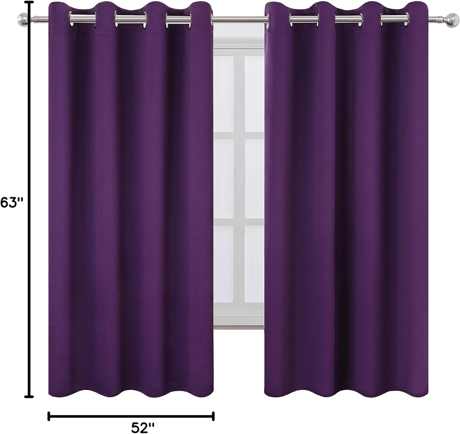 Lemomo Blackout Curtains 52 x 63 inch/Purple Curtains Set of 2 Panels/Thermal Insulated Room Darkening Bedroom Curtains 63 inch silver