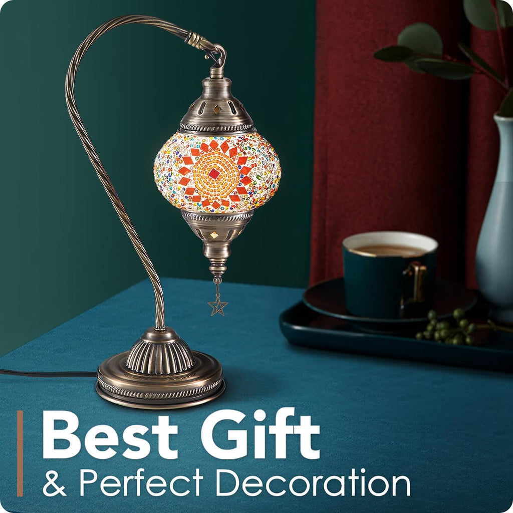 Yarra-Decor Turkish Moroccan Lamp with Bronze Base 3 Color Options Handmade Swan Neck Tiffany Mosaic Glass Bedside Lamps for Bedroom (LED…