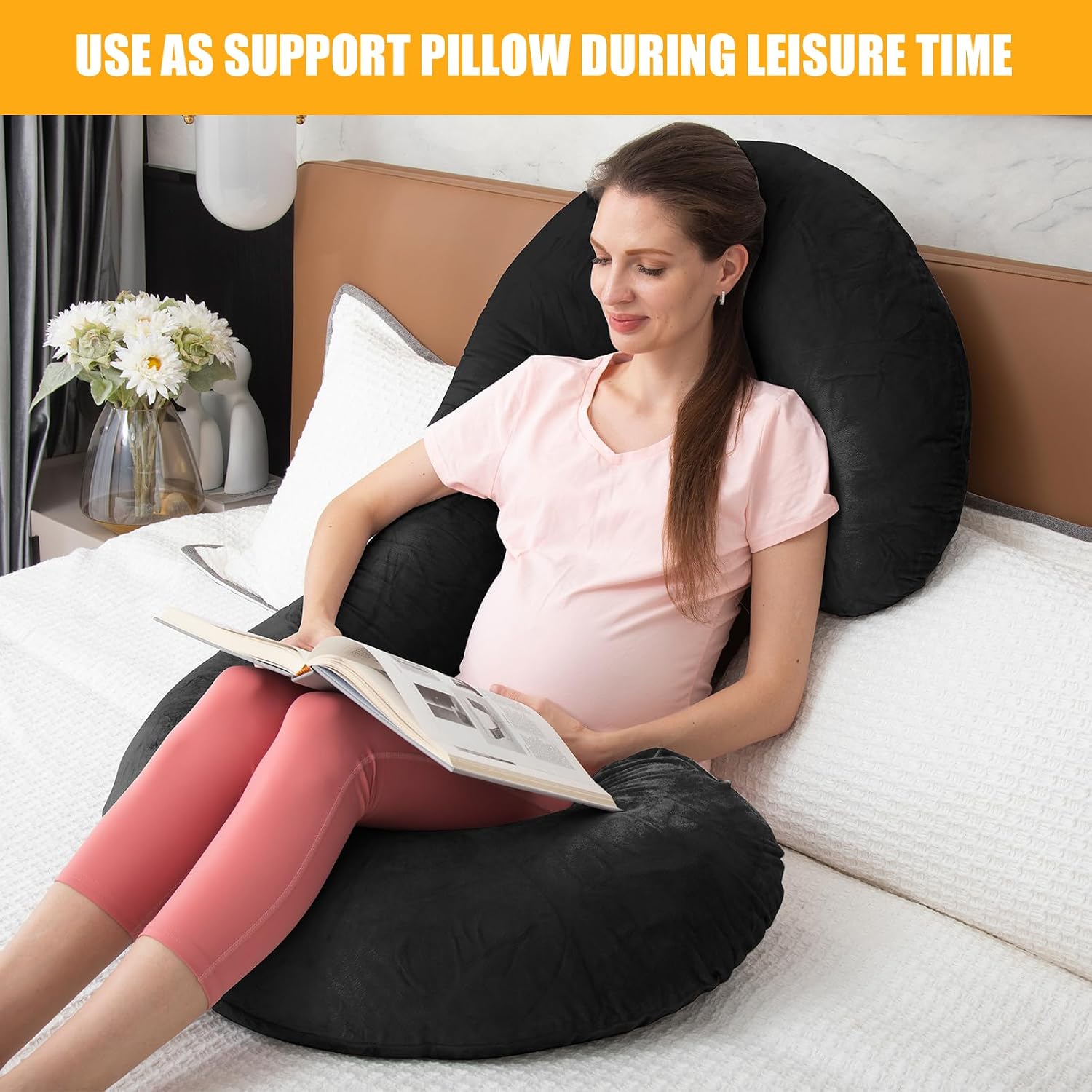 1 MIDDLE ONE Pregnancy Pillow, C Shaped Full Body Pregnant Women Sleeping Pillow for Maternity Support with Cover (Black)