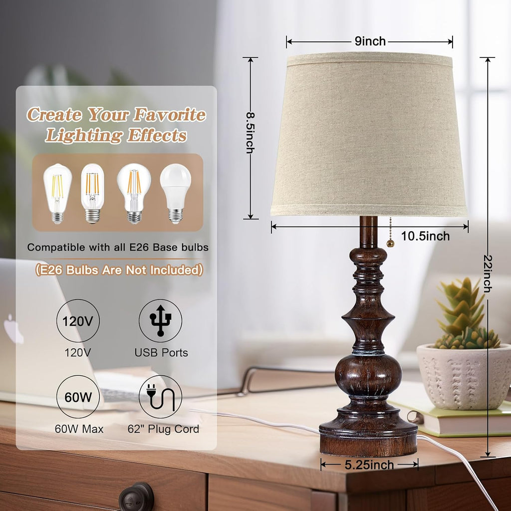Drawealth Vintage Bedside Table Lamps Set of 2 for Bedroom Nightstand Lamps with USB Charging Ports Rustic Farmhouse Small Table Lamp for…