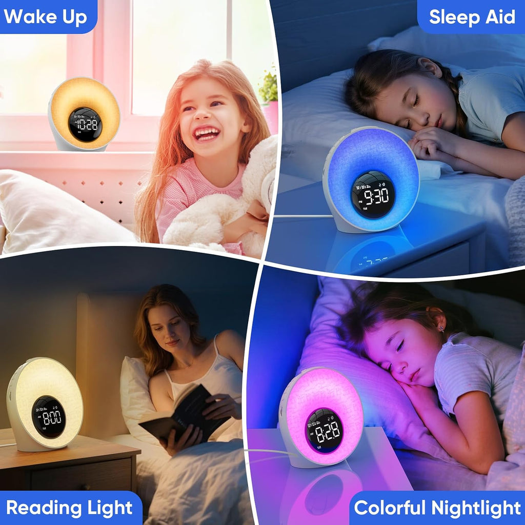 AFEXOA Sunrise Alarm Clock with Wake Up Light, White Noise Machine with 30 Soothing Sounds, 8 Color Dimmable Night Light, Dual Alarms for…