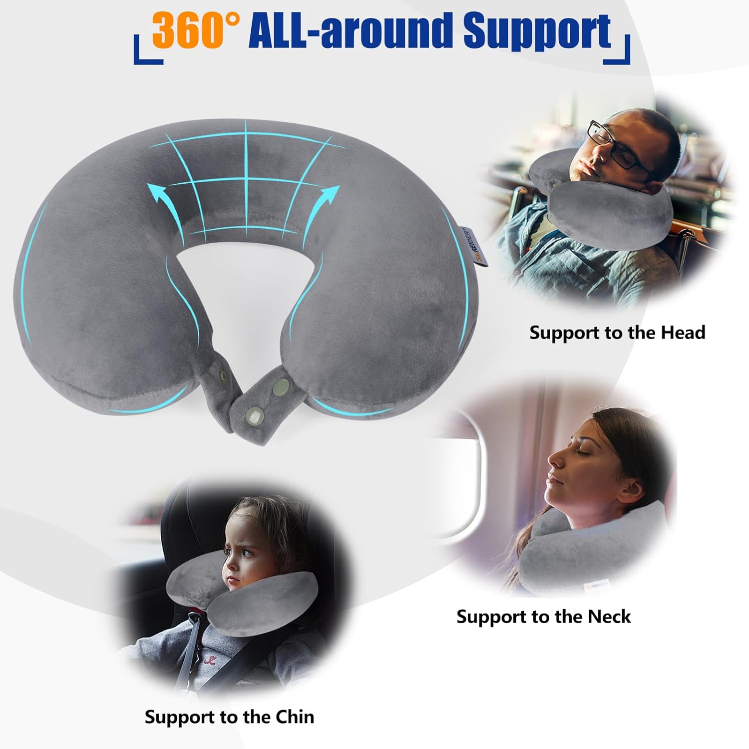 SAIREIDER Travel Pillows for Sleeping Airplane 100% Pure Memory Foam Neck Pillow for Airplanes Washable Cover(Grey)