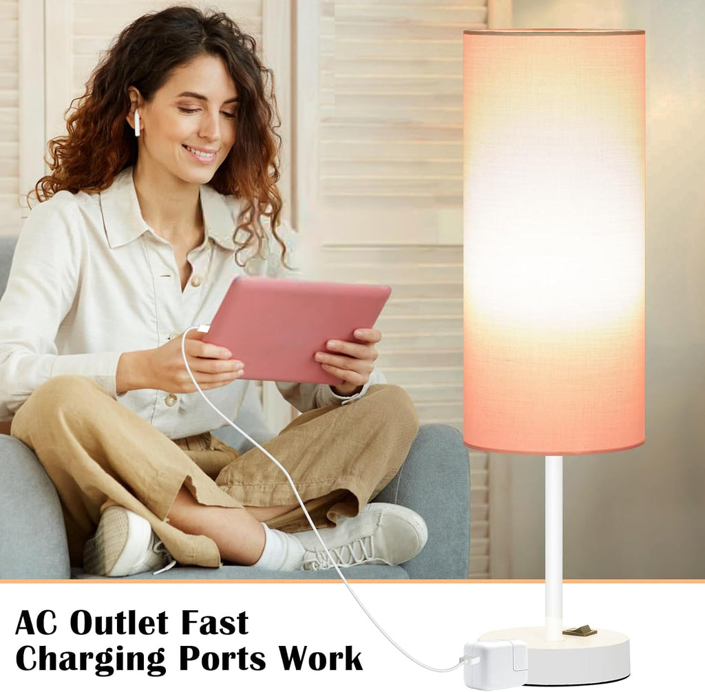 ZJOJO Table Lamp for Bedroom 2 Pack,18in Bedside Lamps with 3 Way Dimmable Rocker Switch & AC Outlet, Nightstand Desk Lamp with Pink…