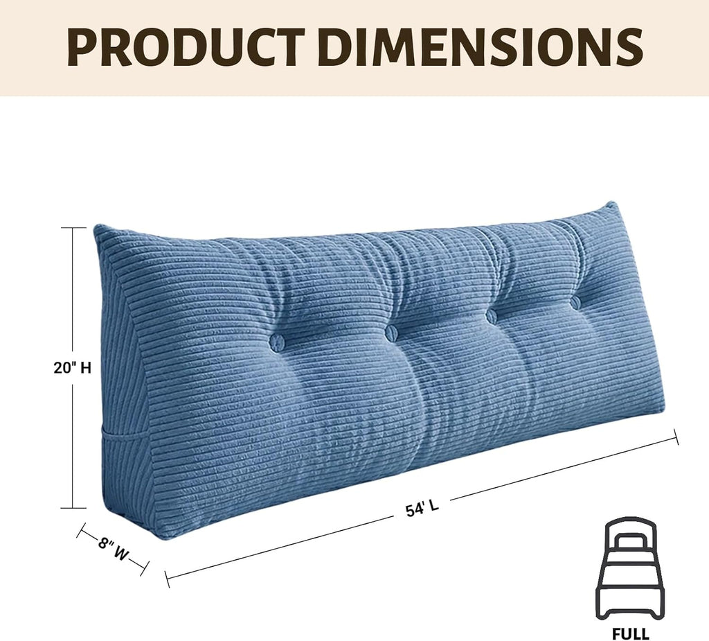 Wedge Reading Pillow Headboard Full Size, Headboard Bolster Pillow for Bed, Triangular Backrest Cushion with Removable Corduroy Cover, Blue