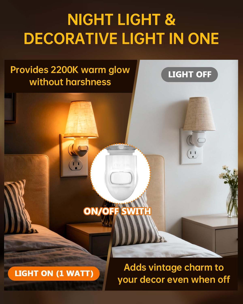 2-Pack Decorative Night Lights Plug into Wall, Vintage Night Light with Linen Shade & Replaceable Edison Bulb,2200K Warm White, Rotatable…