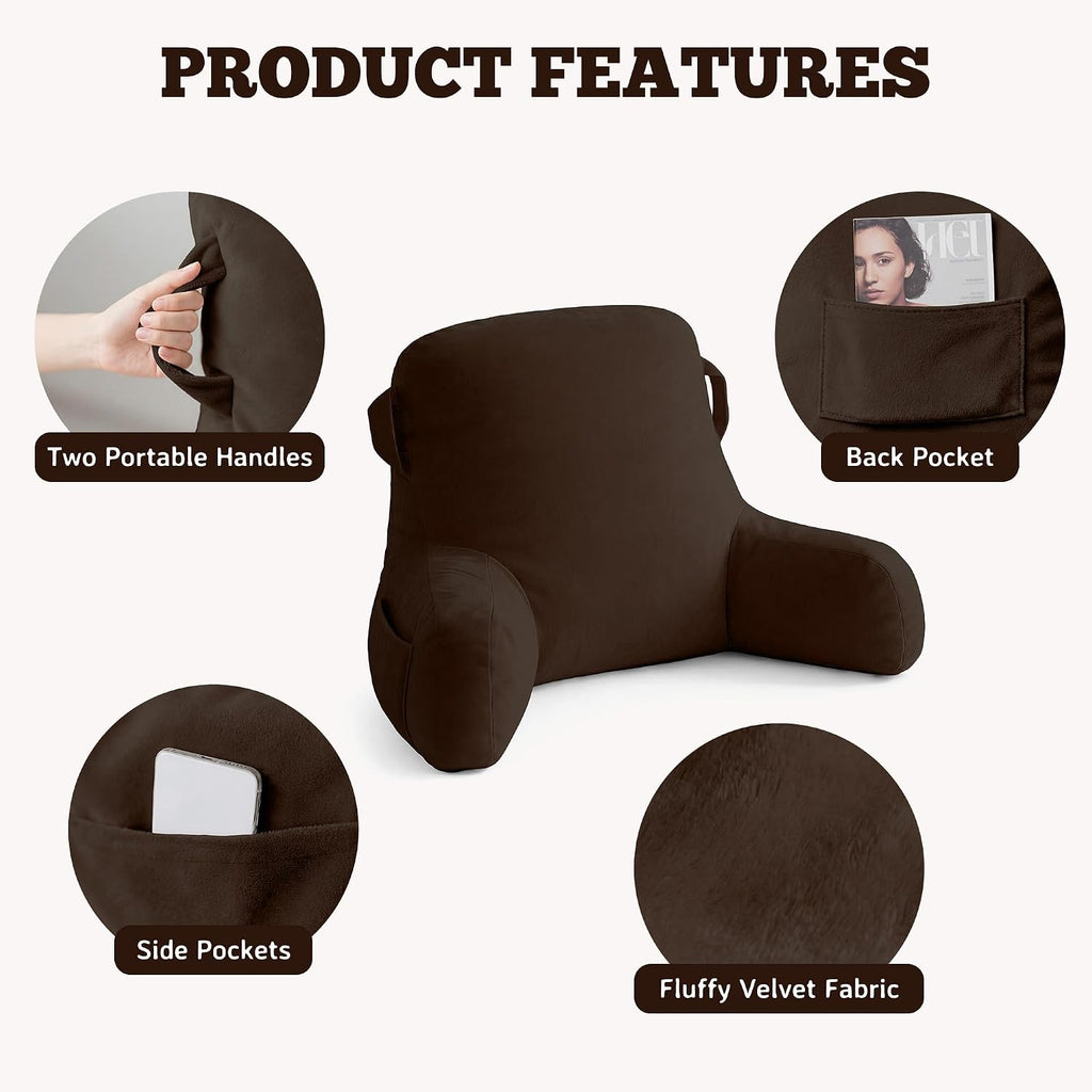 Unisakey Portable Comfy Reading Pillows for Bed Sitting Up(Brown Oeko-Tex), Velvet Back Pillow with Arms & Pockets for Adults, Support…