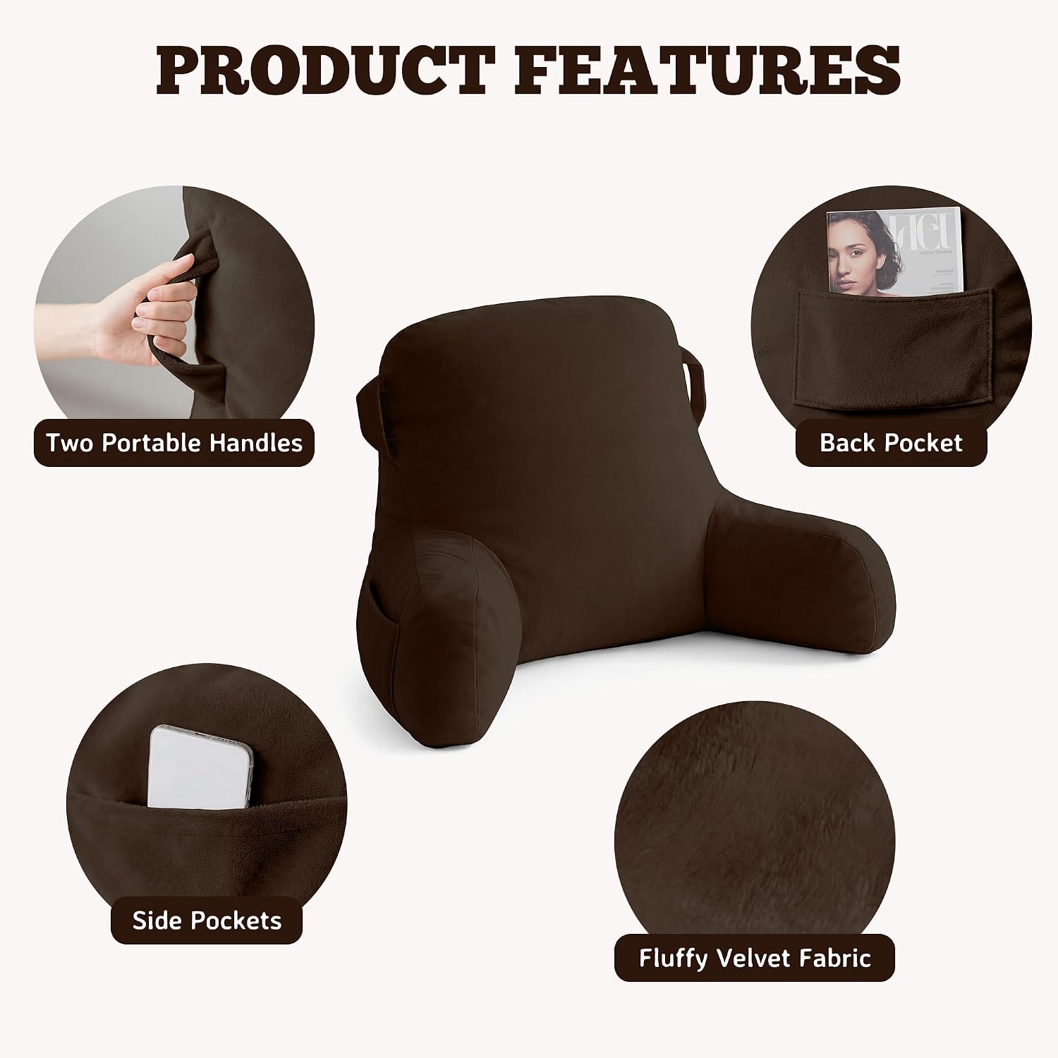 Unisakey Portable Comfy Reading Pillows for Bed Sitting Up(Brown Oeko-Tex), Velvet Back Pillow with Arms & Pockets for Adults, Support…