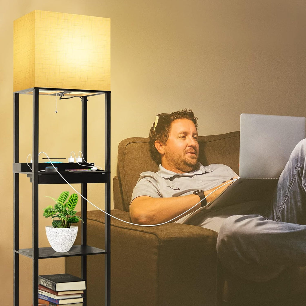 RUNTOP Plus Charging Station Floor Lamp with Wireless Charger, 2 USB-C Port, 2 Power Outlet, Floor Lamp with Shelves, 15W LED Bulb, 3…