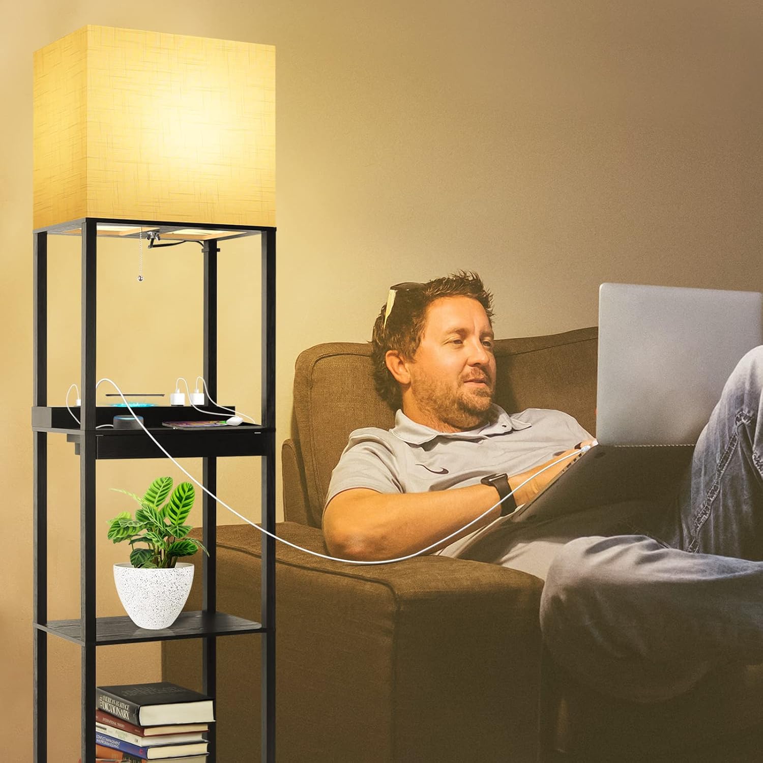 RUNTOP Plus Charging Station Floor Lamp with Wireless Charger, 2 USB-C Port, 2 Power Outlet, Floor Lamp with Shelves, 15W LED Bulb, 3…