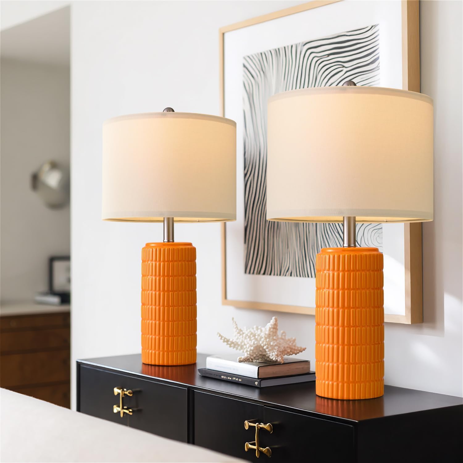PoKat 23" Orange Table Lamps Decor for Living Room Set of 2, Modern Living Room Lamps for End Table, Ceramic Table Lamps for Bedroom…