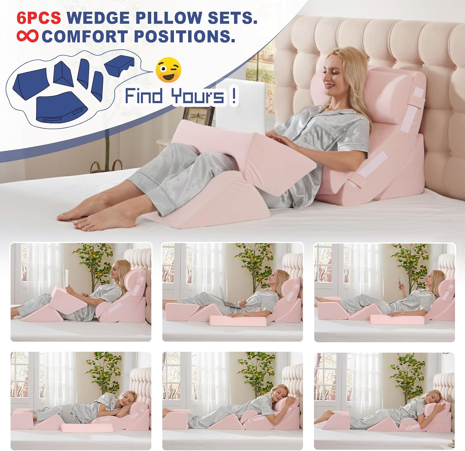 WSOFRLAC 6PCS Multi-Functional Bed Wedge Pillow Kit - 7-in-1 Orthopedic Support for Back/Neck/Legs, Post Surgery Recovery & Sitting Up in…