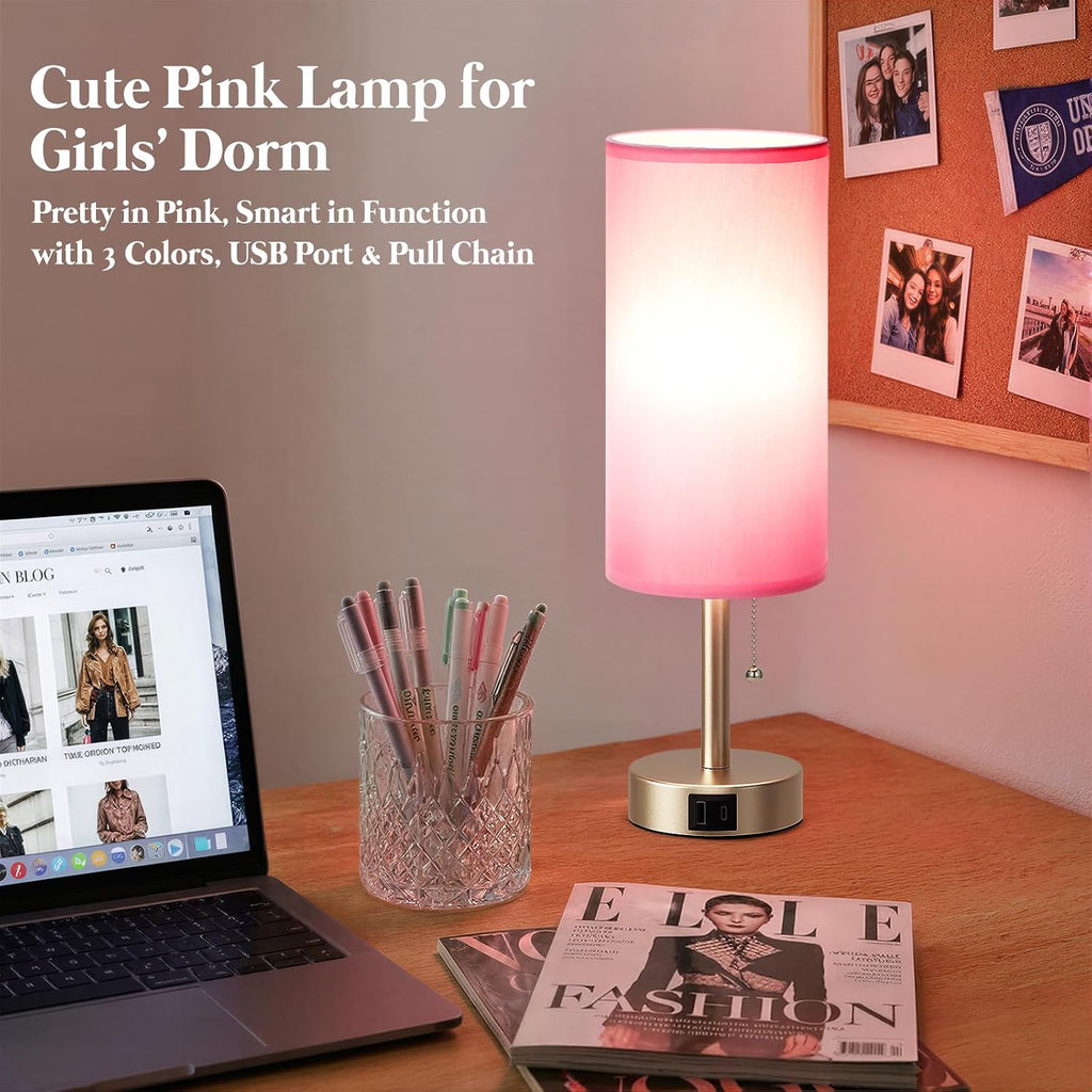 Dicoool Pink Bedside Table Lamp for Bedroom, Small Nightstand Lamp for Girls, 3 Color Temperatures & USB Charging Port, Cute Desk Lamp…