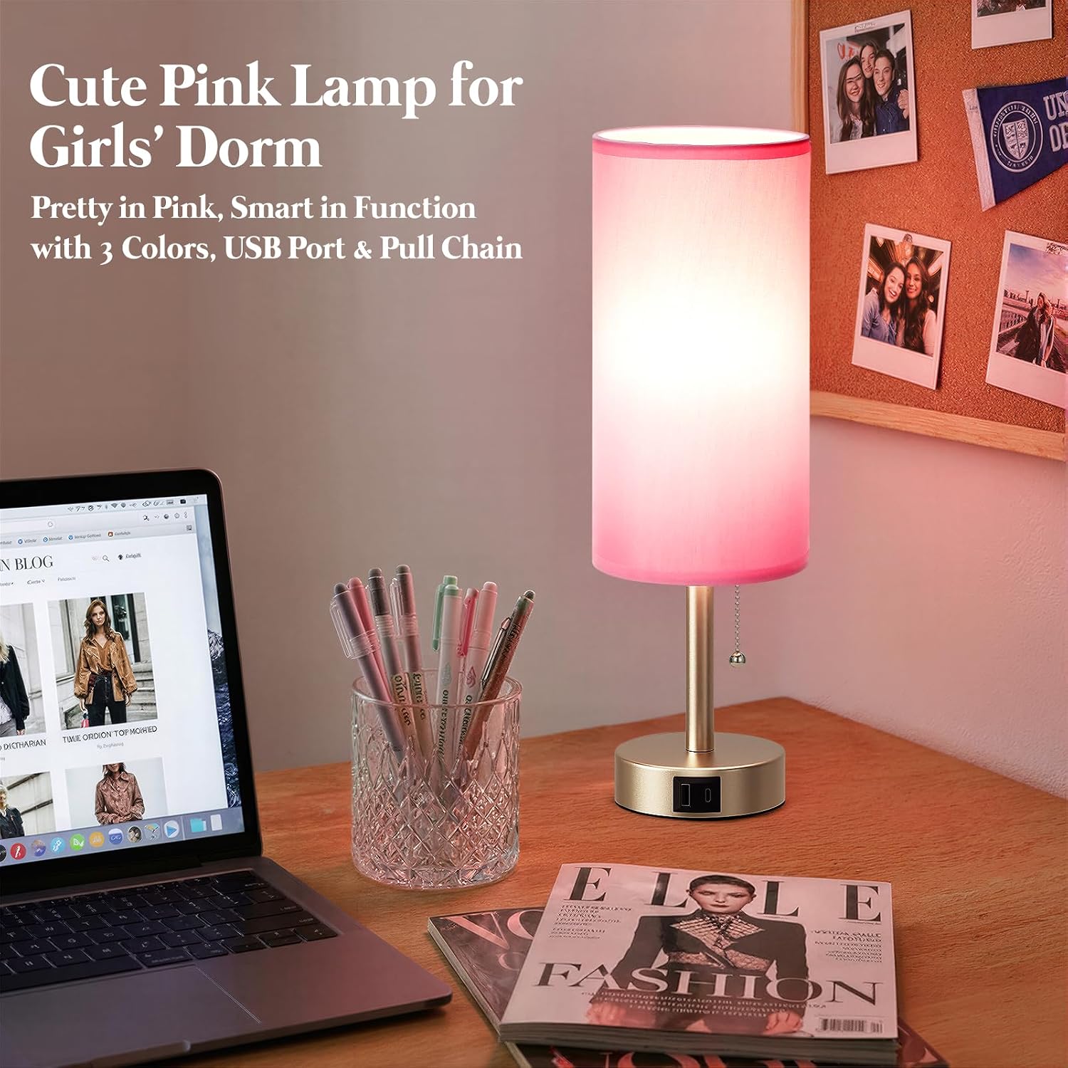 Dicoool Pink Bedside Table Lamp for Bedroom, Small Nightstand Lamp for Girls, 3 Color Temperatures & USB Charging Port, Cute Desk Lamp…