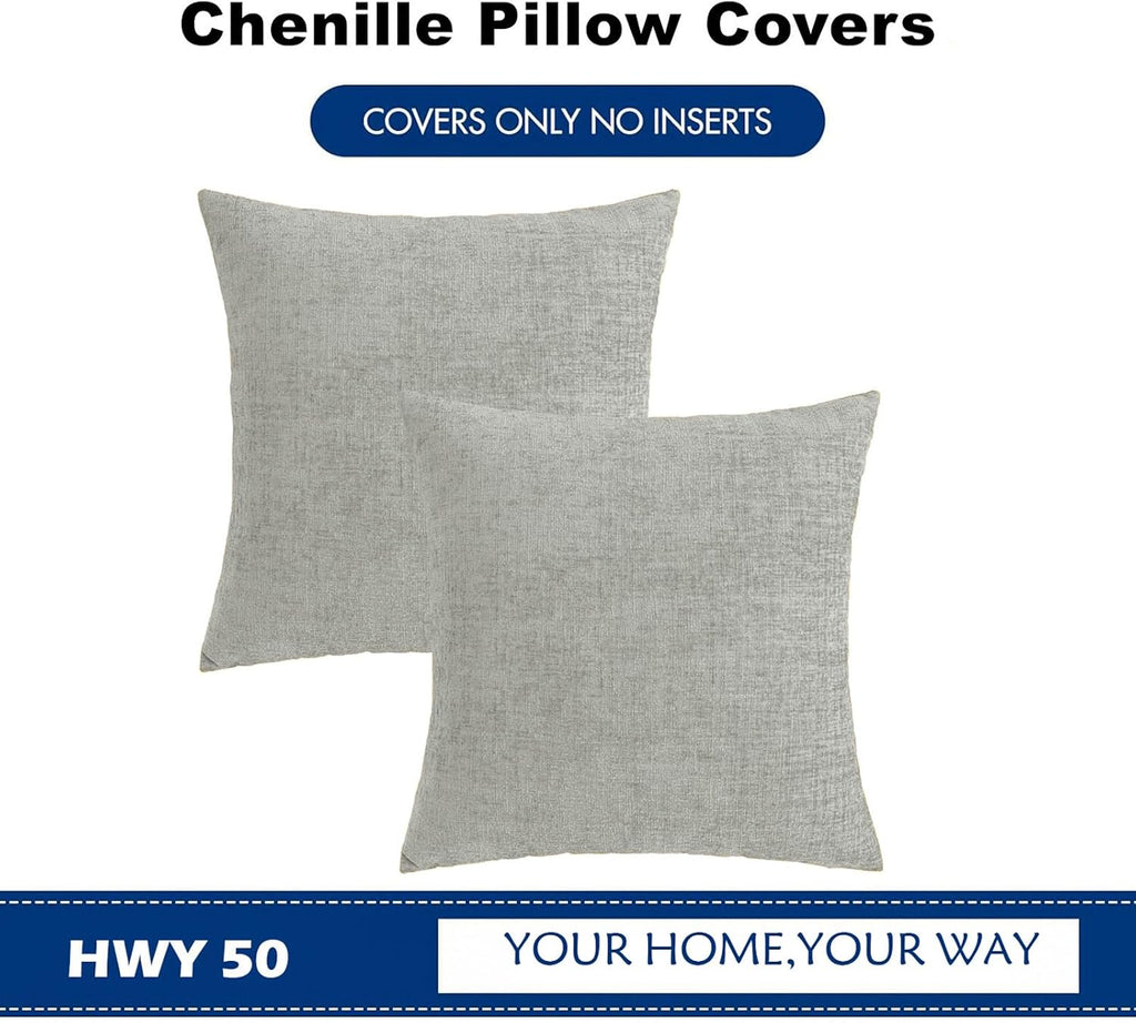 Hwy50 HWY 50 Gray Couch Pillow Covers 18x18 Inch Pack of 2, Soft Chenille Decorative Throw Pillow Cases Farmhouse for Sofa Living Room Bed…