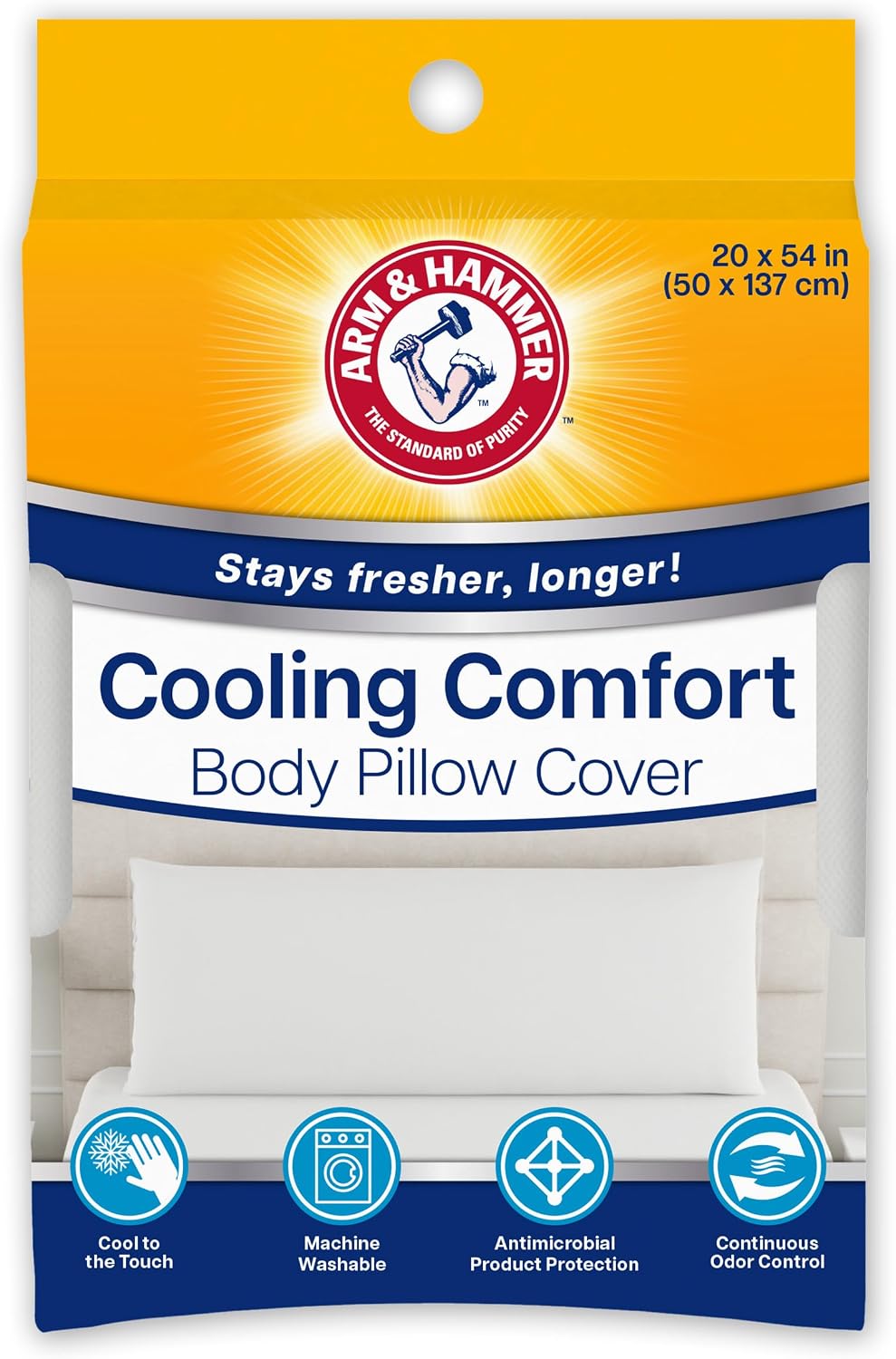 Armhammer Arm & Hammer Cooling Comfort Zippered Body Pillow Cover, 20 x 54, White White