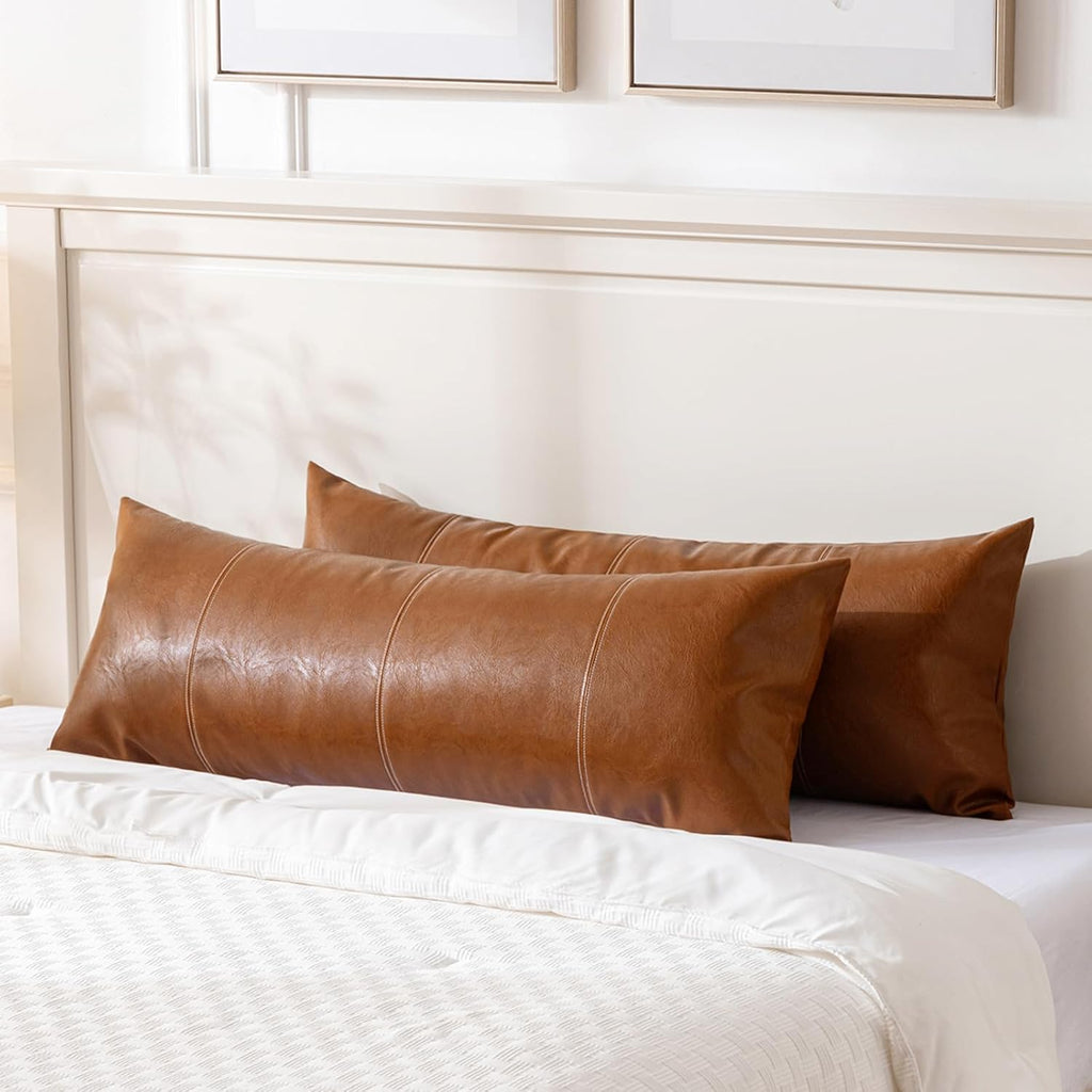 Fancy Homi Brown Boho Long Lumbar Faux Leather Body Decorative Throw Pillow Cover 14x36 Inch for Bedroom Couch Bed Sofa Bench, Hand…
