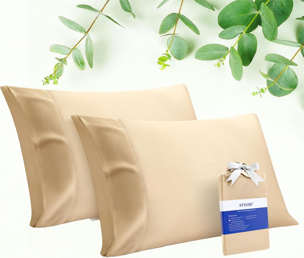 Stnomyhome Eucalyptus Tencel Cooling Pillowcase 2 Pack Queen Champagne | Moisture Wicking for Night Sweats | 3X Faster Drying | Oeko-TEX Ce…