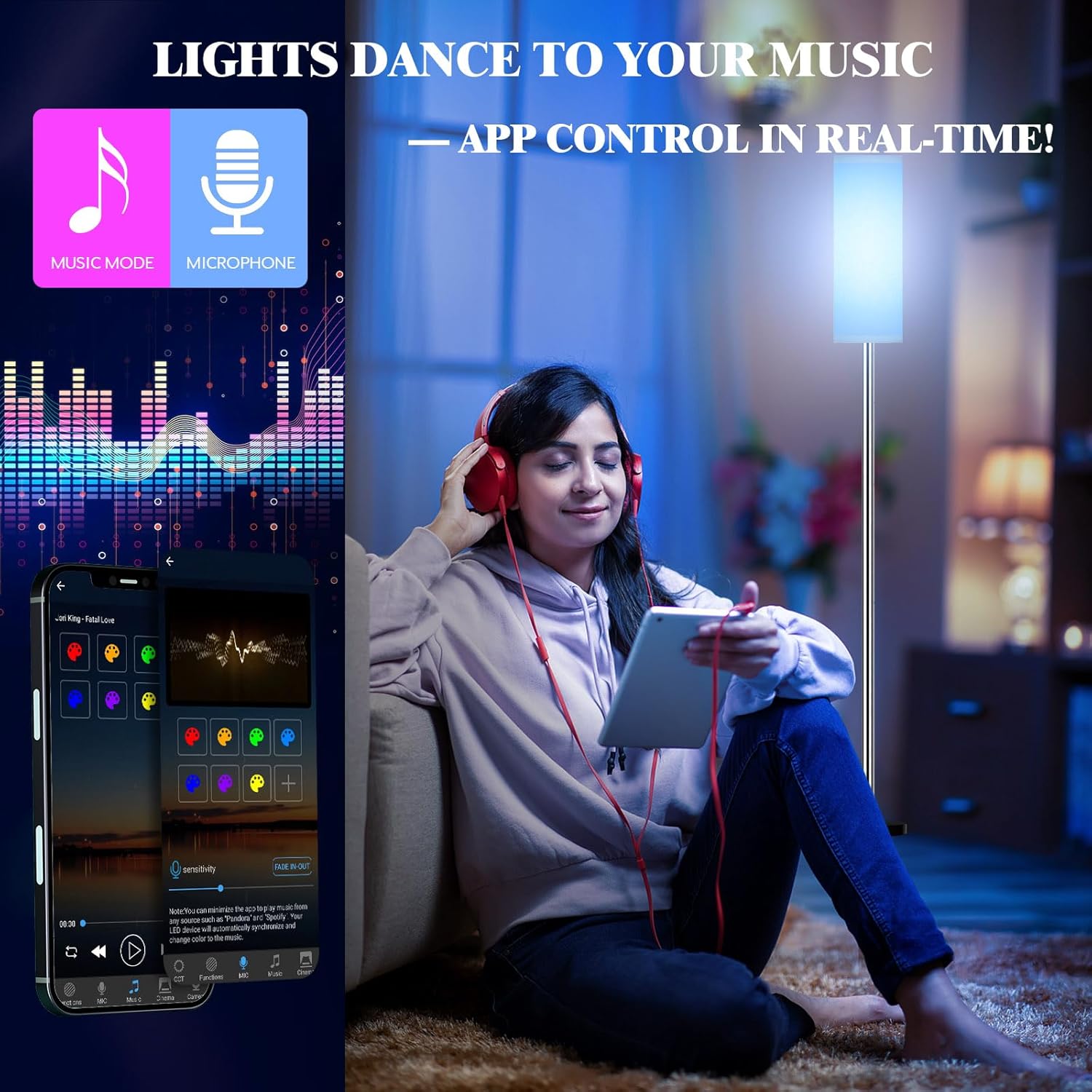 Qaubauyt Smart LED Floor Lamp with APP Control & RGB Colors - Dimmable Standing Lamp for Living Room, Bedroom, Gaming - Remote, Timer, 9W…