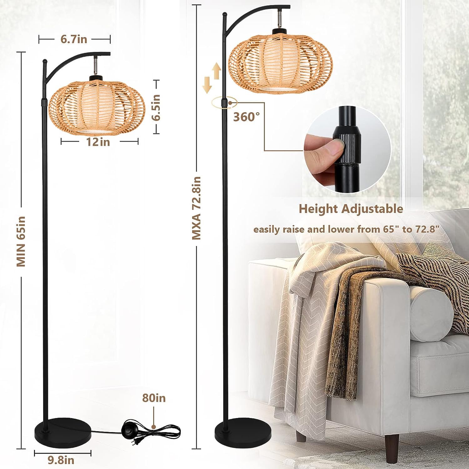 ZECOXOL Arc Floor Lamps for Living Room Bedroom Rattan Boho Floor Lamp with Remote Control, Dimmable Led Standing Lamp Wicker Lamp Shade…
