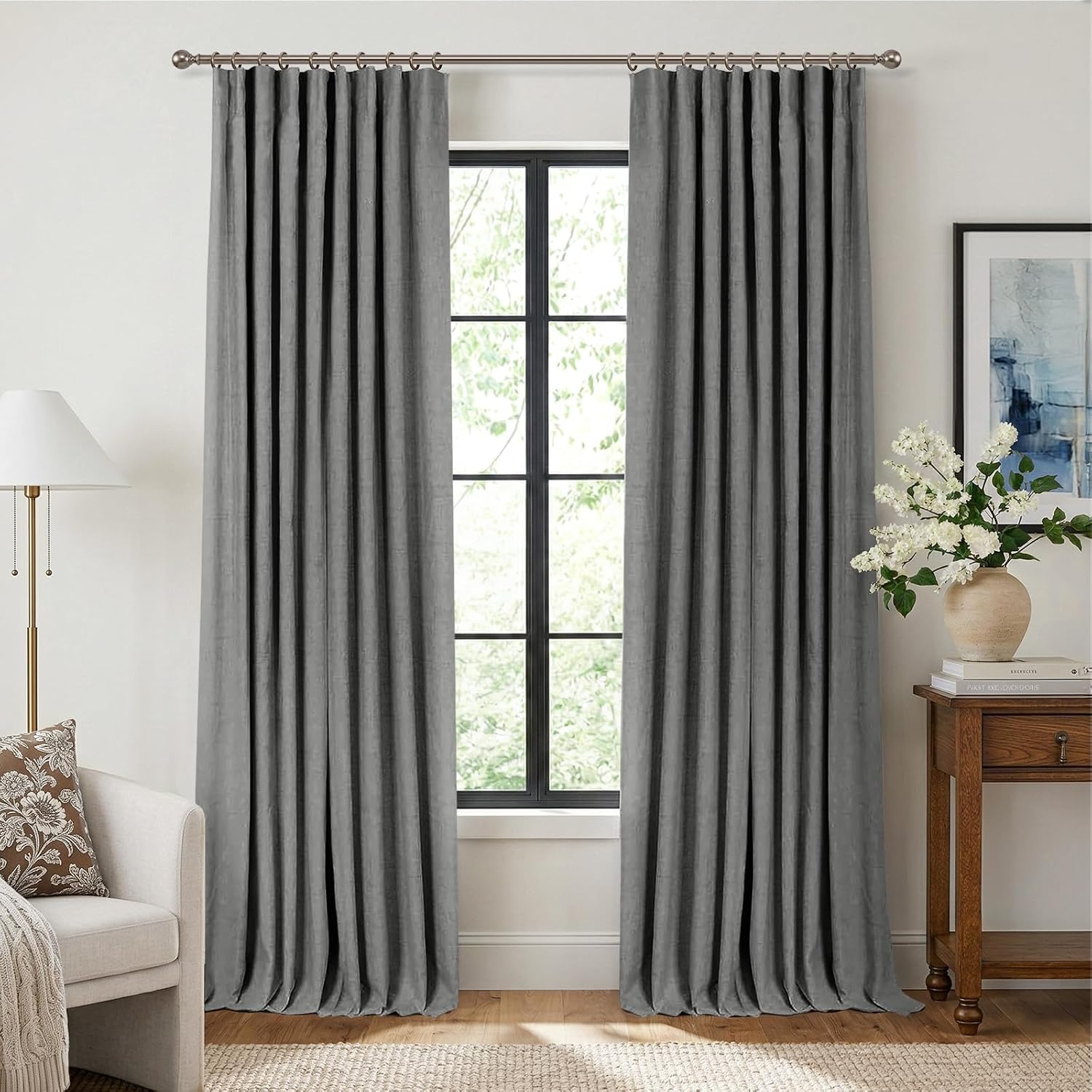 INOVADAY 100% Blackout Curtains for Bedroom, Black Out Curtains 108 Inch Long, Clip Rings Linen Blackout Drapes, Thermal Insulated Room…