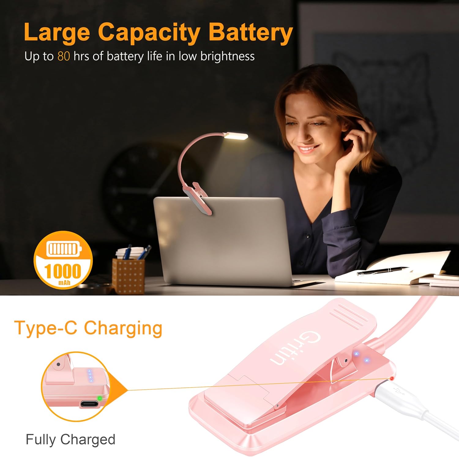 Gritin 9 LED Rechargeable Book Light for Reading in Bed - Eye Caring 3 Color Temperatures, Stepless Dimming Brightness,80 Hrs Runtime…
