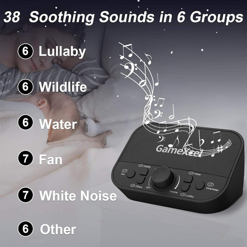 GameXcel White Noise Sound Machine for Sleeping – 38 Non-Looping Sounds Dual Speaker USB Powered Timer Memory – Portable Sleep relaxation…