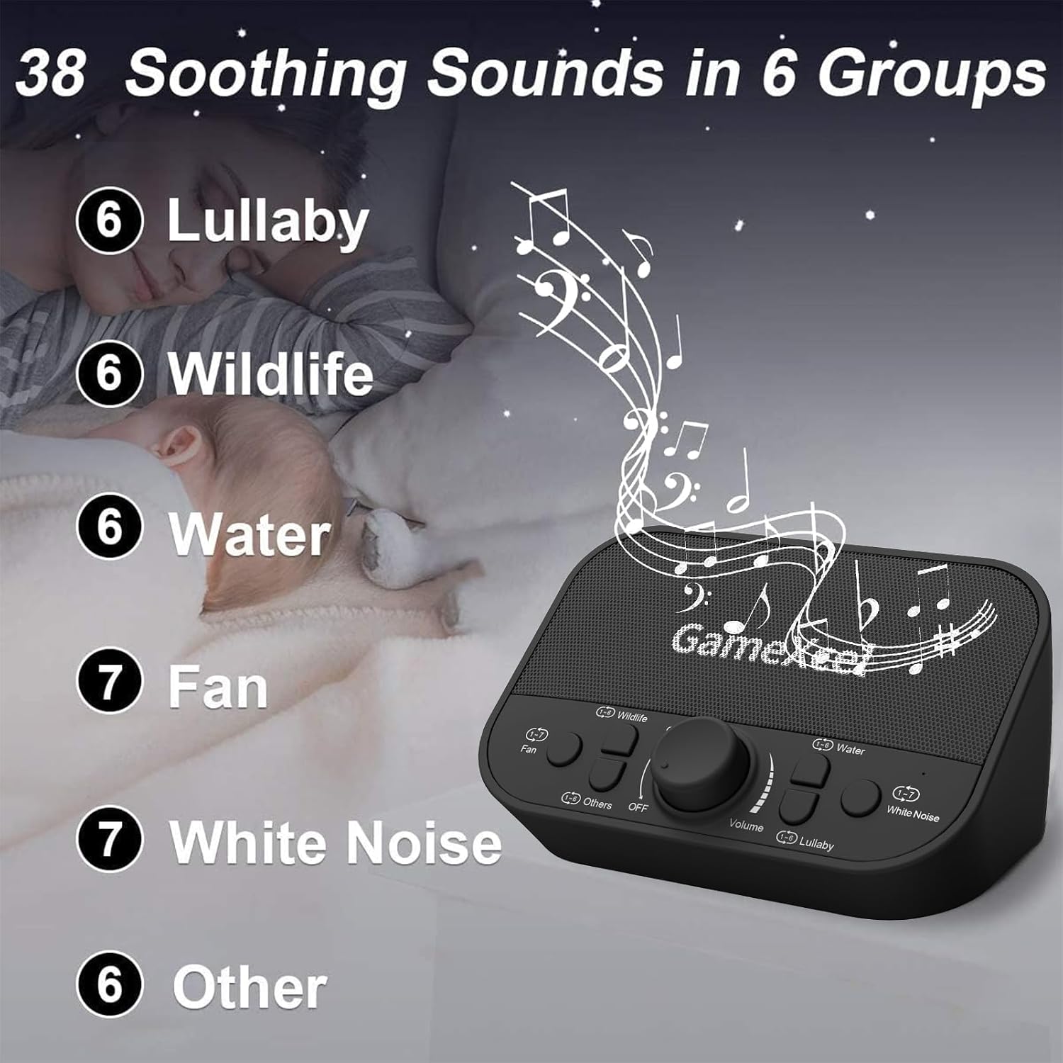 GameXcel White Noise Sound Machine for Sleeping – 38 Non-Looping Sounds Dual Speaker USB Powered Timer Memory – Portable Sleep relaxation…