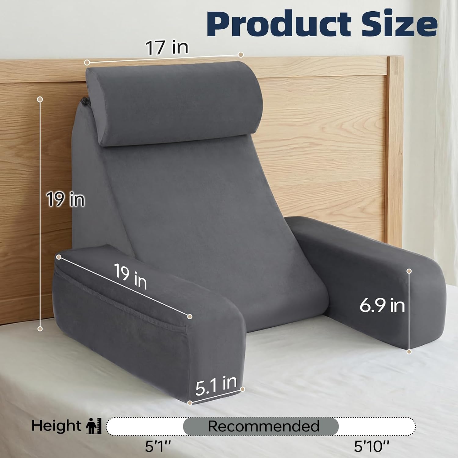 ENITYA 19" Back Support Pillow, Reading Pillow with Attached Arms & Large Pockets, Removable Washable Cover, Wedge for…