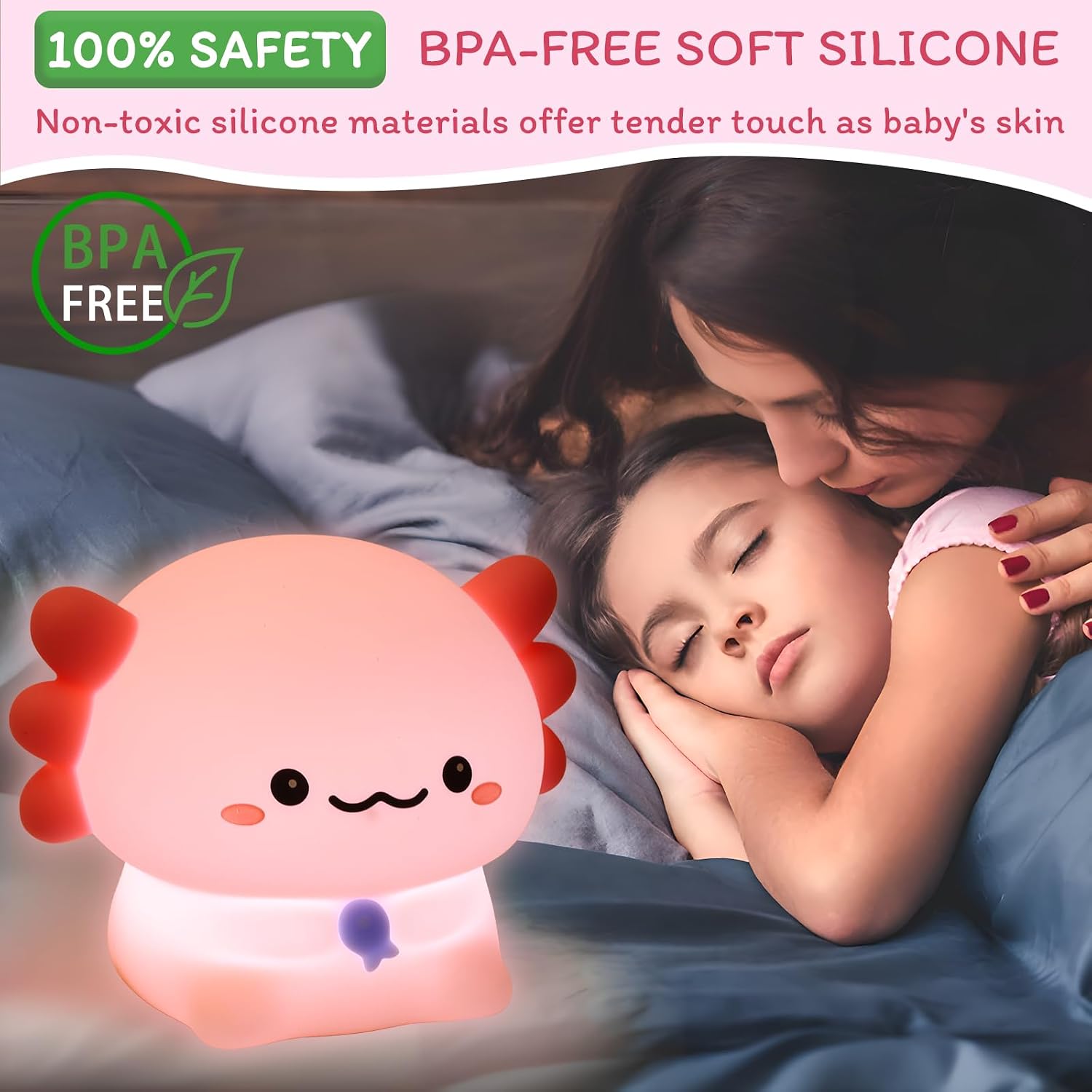 WelcometoMAGOHMT Axolotl Night Light for Kids - 3-Level Dimmer & Auto-Off Timer, Child-Safe Silicone Lamp, USB-C Rechargeable Nursery Light…